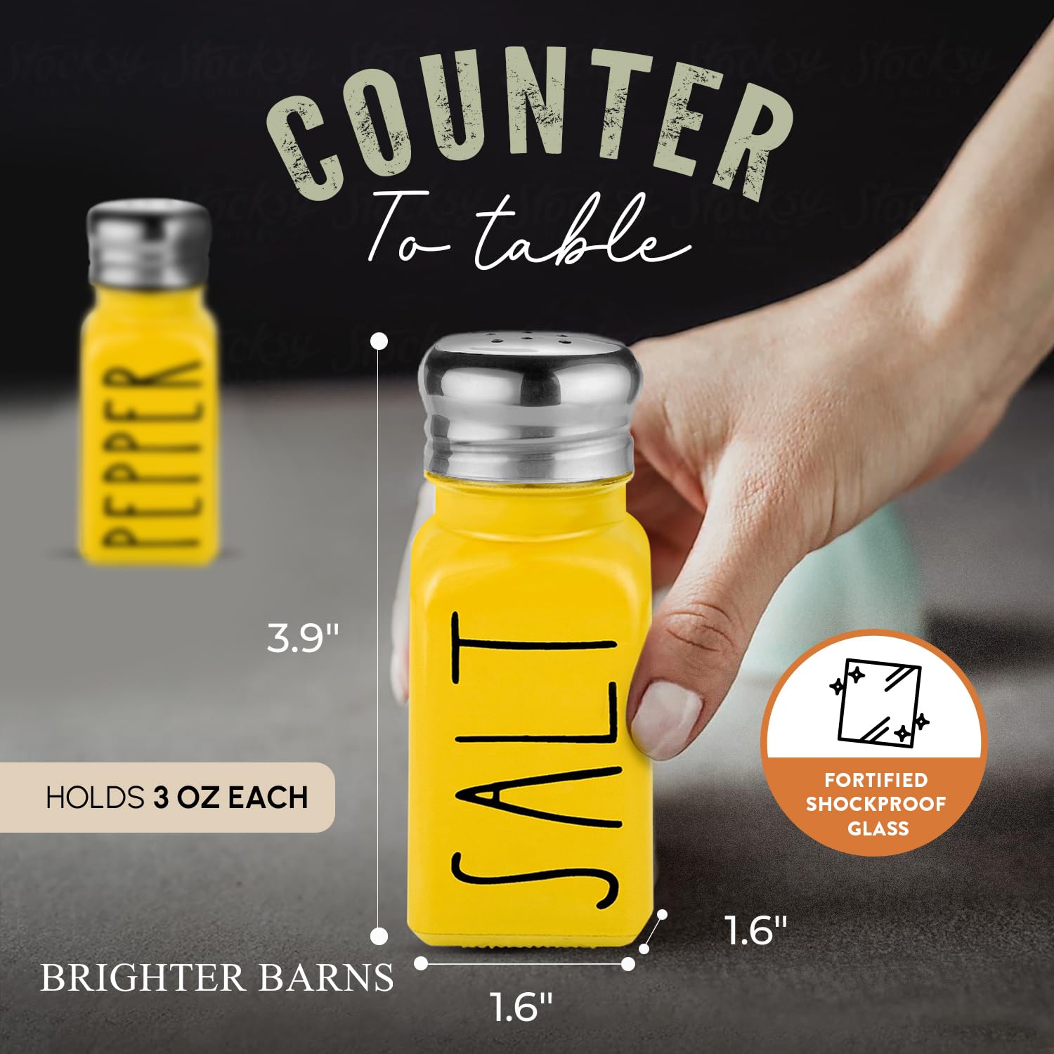 Brighter Barns Yellow Salt and Pepper Shakers Set - Glass Farmhouse Kitchen Decor with Stainless Steel Lids - Perfect for Home, Restaurants & Wedding Gifts - Cute Tabletop Accessories for Dining, Cooking and Entertaining