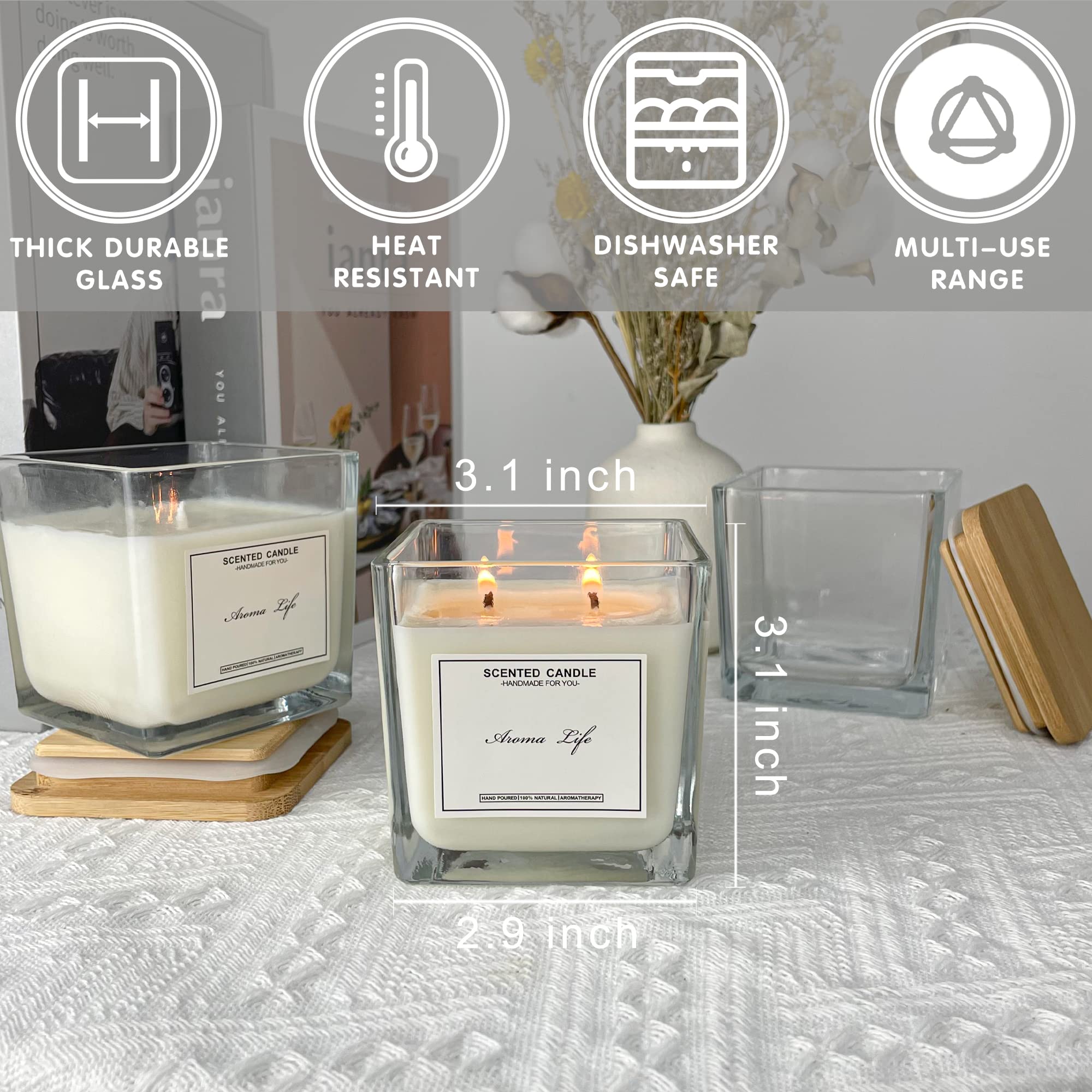 Creahaus 9-Pack 10oz Square Candle Jars with Bamboo Lids - Thickened Glass Containers for DIY Candle Making, Home Decor & Gifts - Includes Warning Labels - Perfect for Soy Wax, Essential Oils & Craft Projects