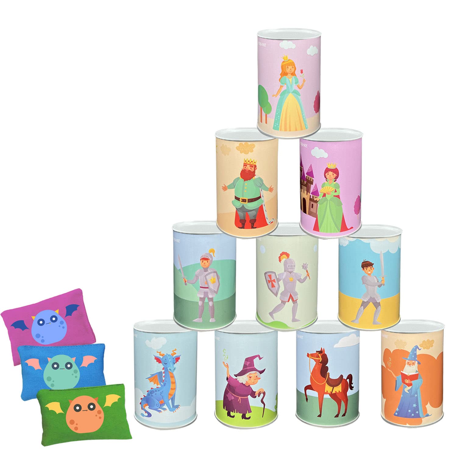 Ulifeme Tin Can Alley Game - Fun Outdoor Garden Party Game for Kids, Boys & Girls | 10 Tin Cans + 3 Toss Beanbags | Princess Design | Perfect for Backyard Play, Birthday Parties & Outdoor Family Activities