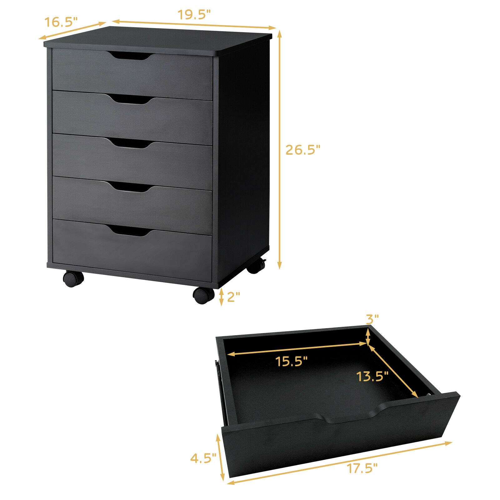 Black 5-Drawer Rolling Storage Dresser with 360° Swivel Wheels & Smooth Slides - Organize Files, Books, Cosmetics & Office Supplies | Perfect for Bedroom, Office & Dorm Storage Solutions