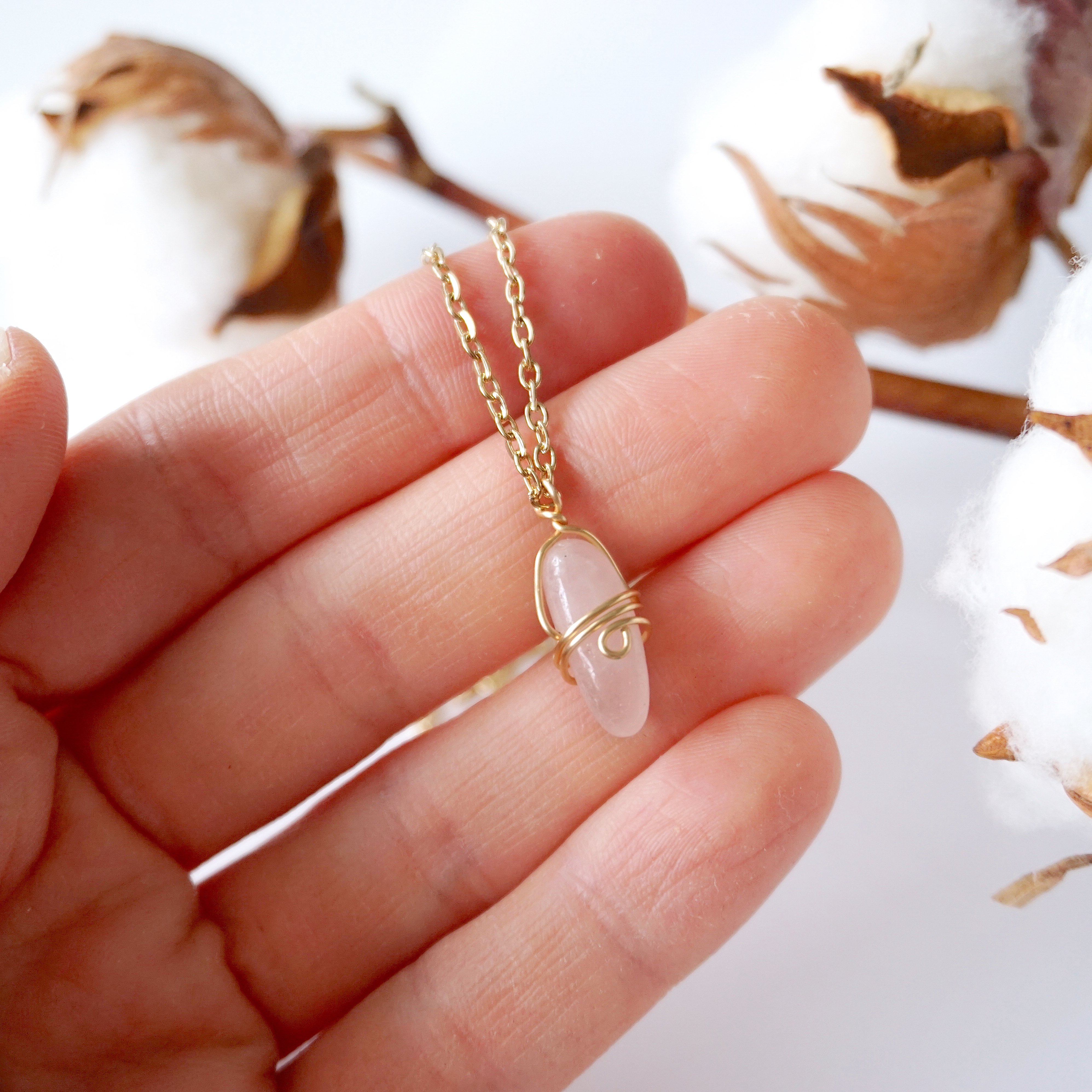 Rose Quartz Necklace - Gold Plated Brass Wrapped Charm Necklace for Women, Healing Crystal Jewelry Gift for Her - Perfect for Meditation, Yoga & Spiritual Wellness