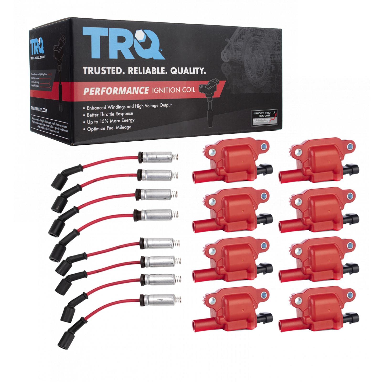 TRQ Ignition Kit - Ignition Coil, Spark Plugs & Wire Set Compatible with 16-21 Cadillac, 14-21 Chevrolet, 14-20 GMC | High Performance Replacement Parts for Smoother Engine Start & Acceleration