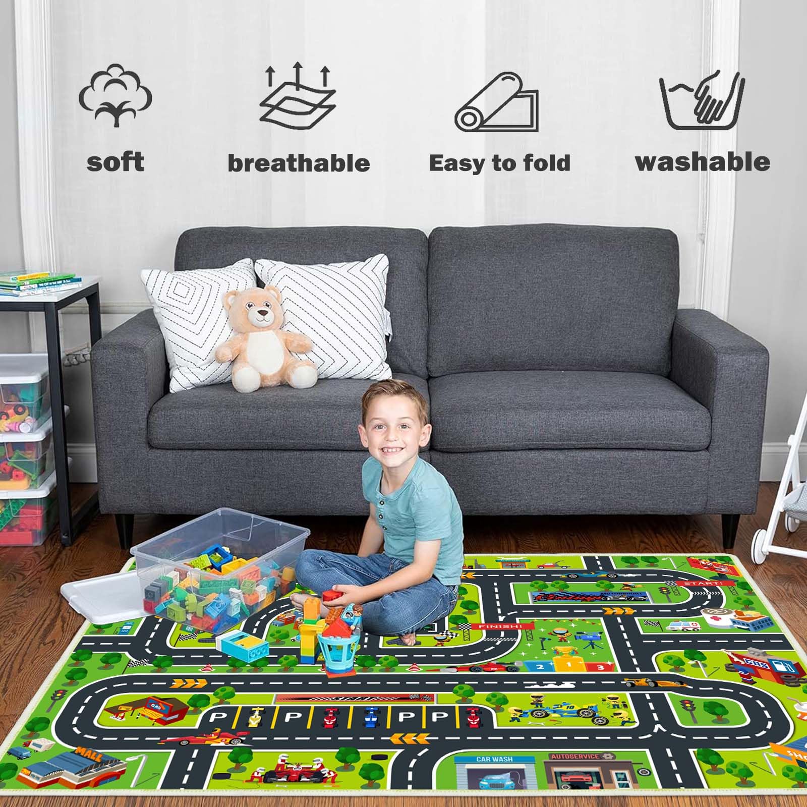 Kids Play Rug - Race Car Game Carpet for Playroom, Classroom & Bedroom | 3.9x5.9ft Non-Slip Floor Mat | Perfect for Pretend Play, Learning & Room Decor