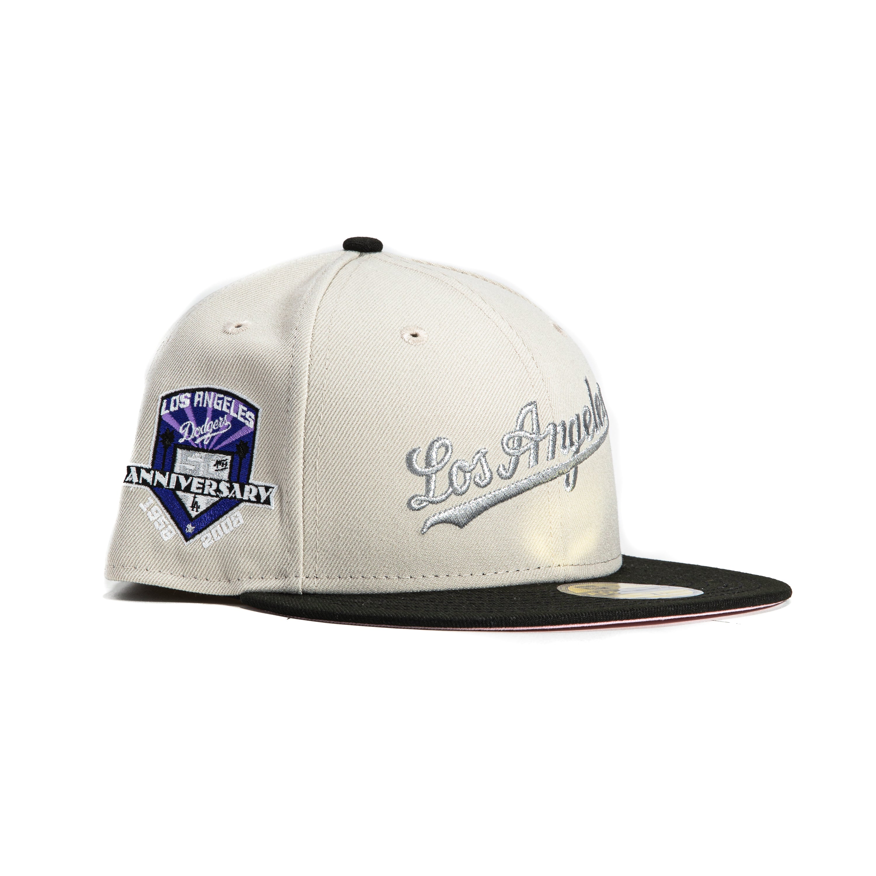 New Era 59Fifty Los Angeles Dodgers 50th Anniversary Patch Script Adjustable Baseball Cap - Stone, Black, Metallic Silver - Perfect for Baseball Games, Sports Events & Streetwear Fashion