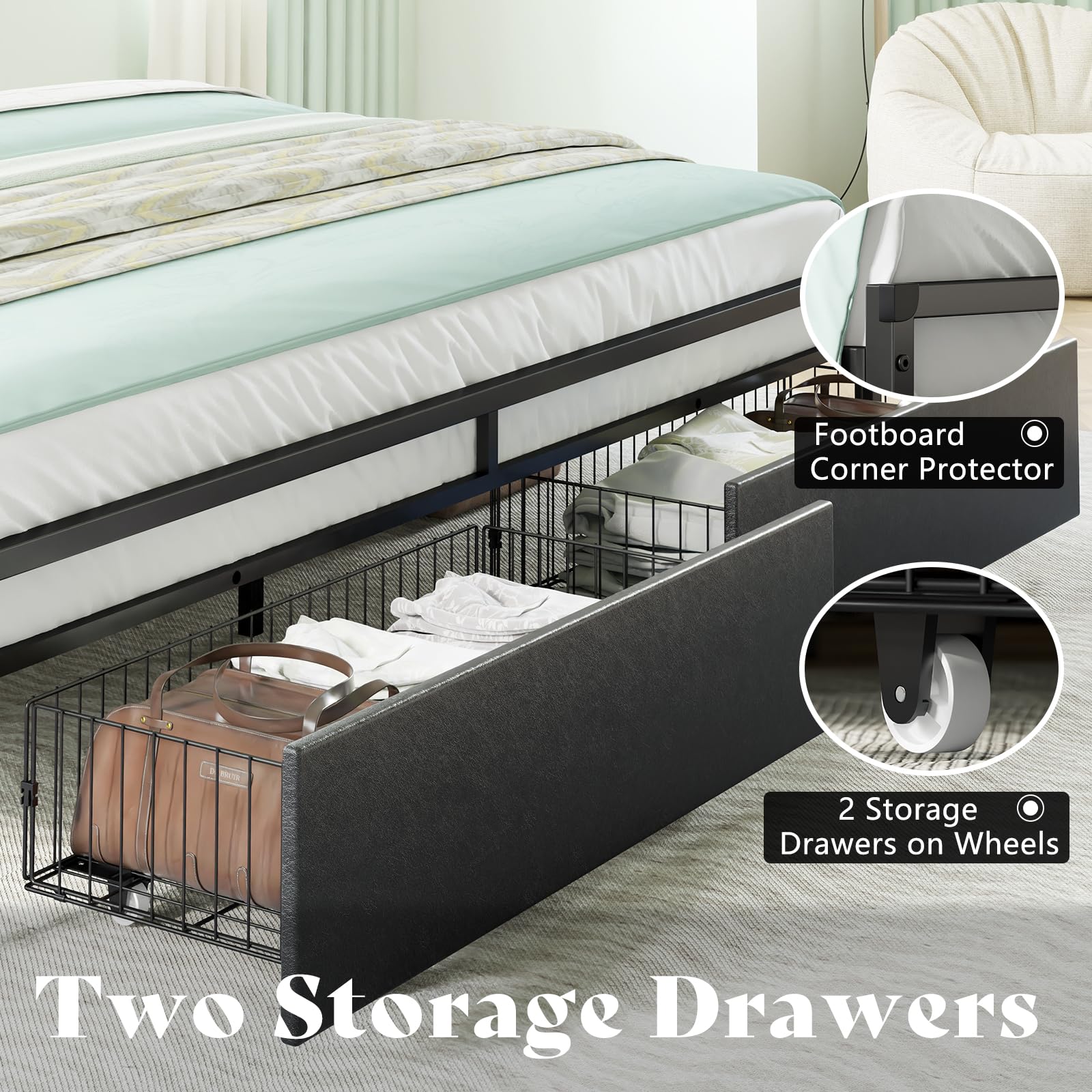 AMERLIFE Queen LED Bed Frame with 2-Tier Storage Drawers, Leather Upholstered Platform Bed with USB Charging Station Headboard - No Box Spring Needed, Easy Assembly, Noise Free, Black - Perfect for Modern Bedrooms, Small Spaces & Tech-Savvy Users
