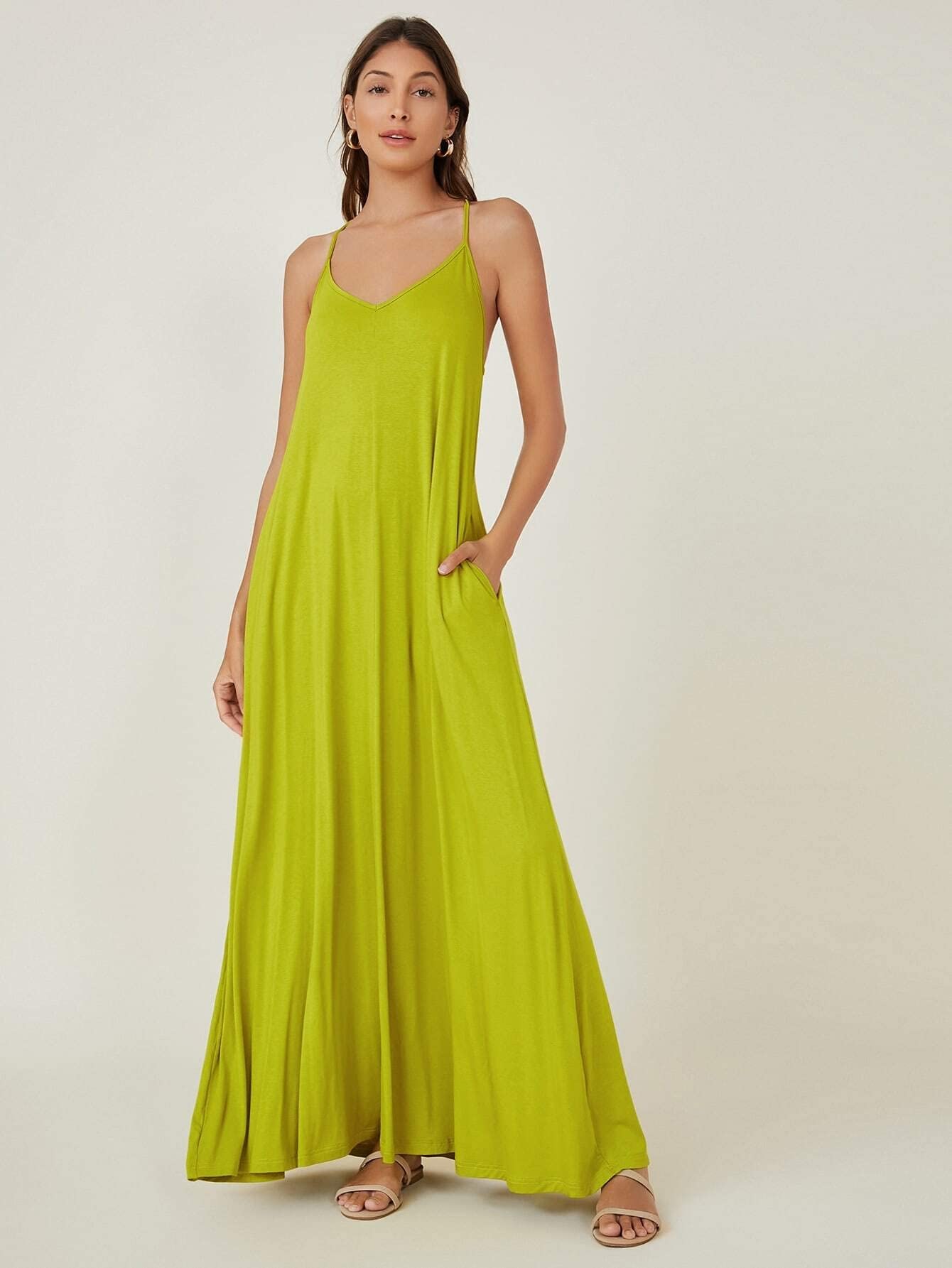 Women's Summer Cami Dress with Side Pockets - Solid Color Casual Beach Party Dress for Vacation, Outing, and Daily Wear