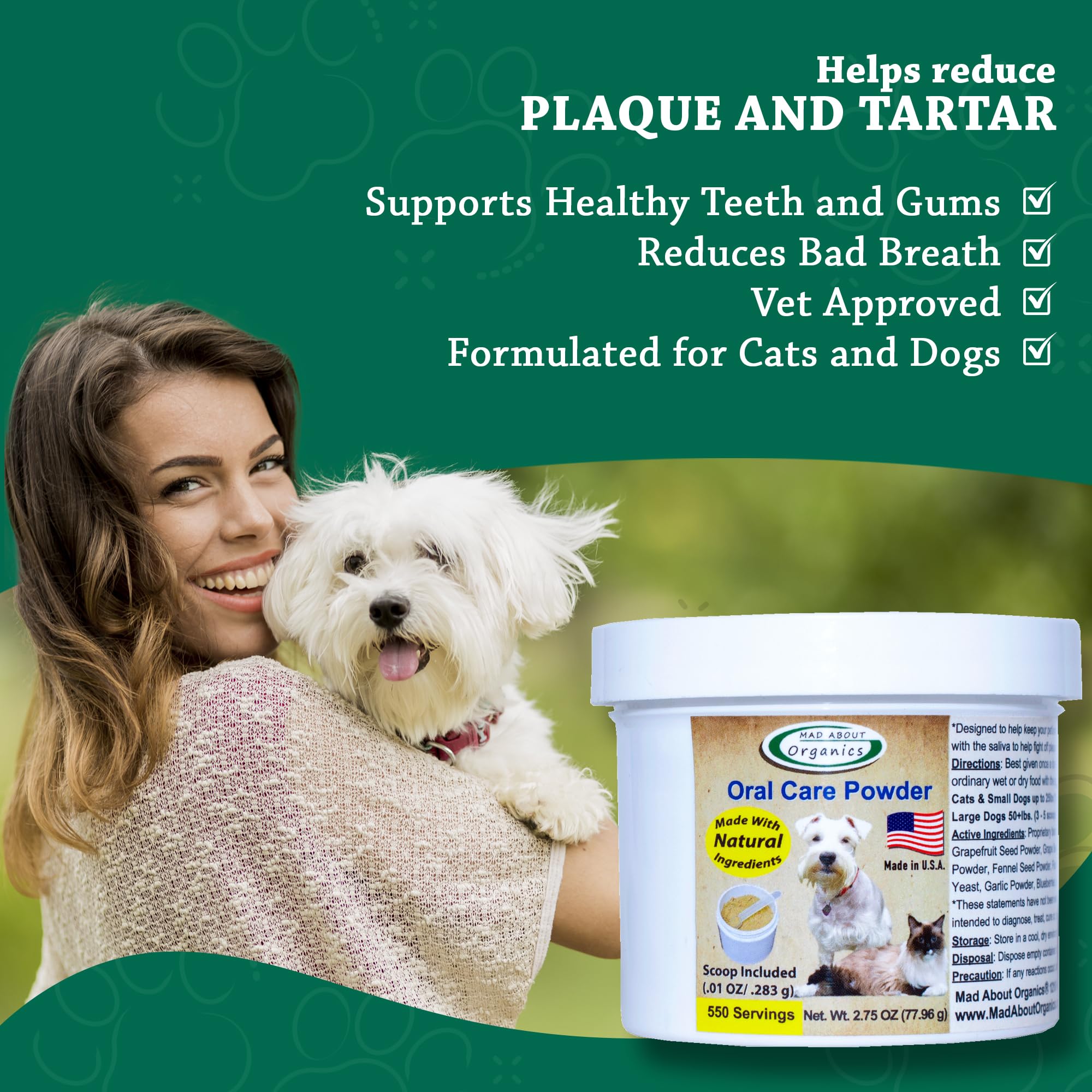 Natural Dog & Cat Dental Powder - Tartar & Plaque Remover for Fresh Breath | Pet Teeth Cleaning Powder for Oral Hygiene | 550 Servings (77.96g) | Perfect for Daily Dental Care & Bad Breath Prevention