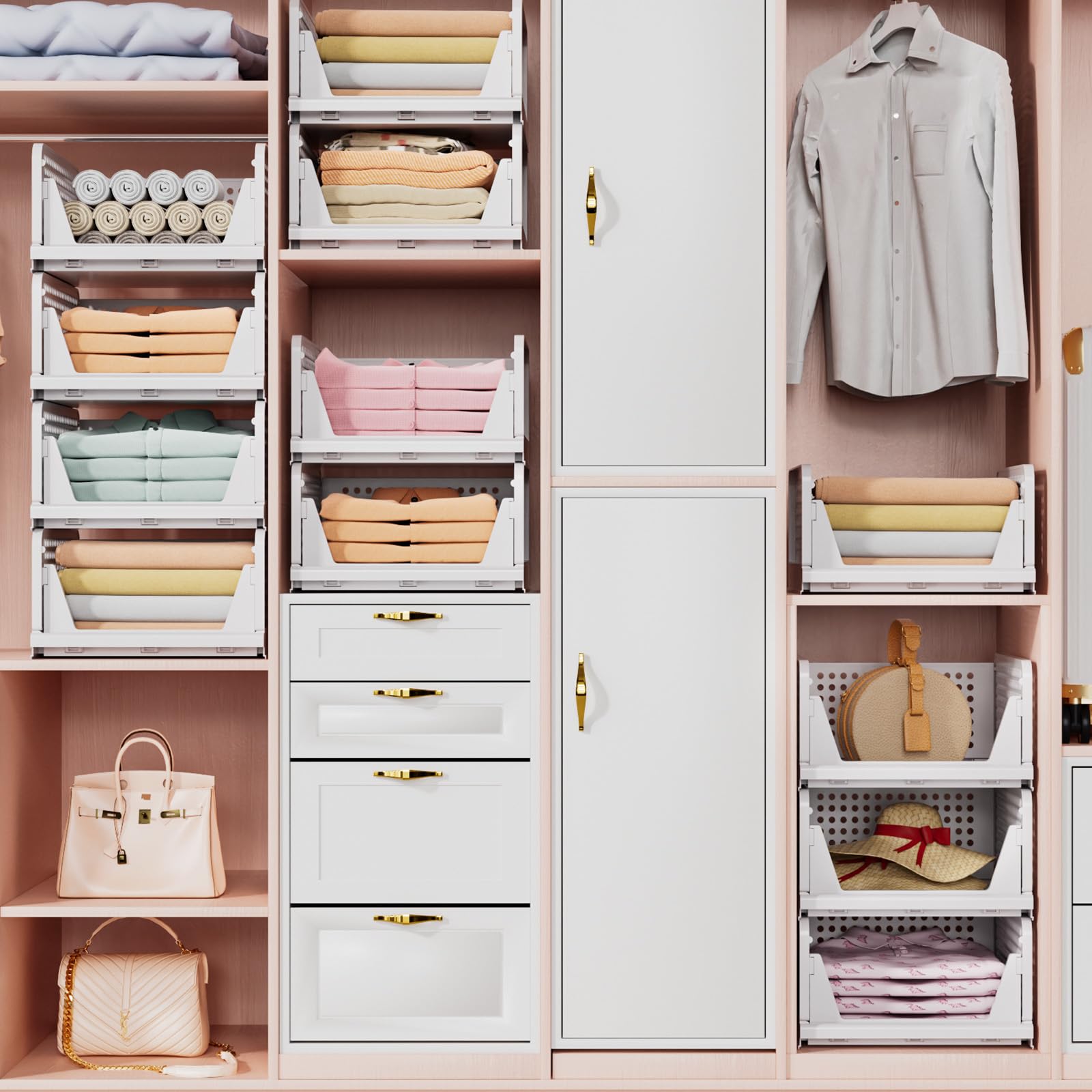 TidyIsles - 4 Pack Foldable Closet Organizer & Stackable Storage Boxes, Plastic Drawer Baskets for Bedroom, Kitchen, Bathroom Organization (White) | Perfect for Closet Shelving, Underbed Storage & Small Space Organization