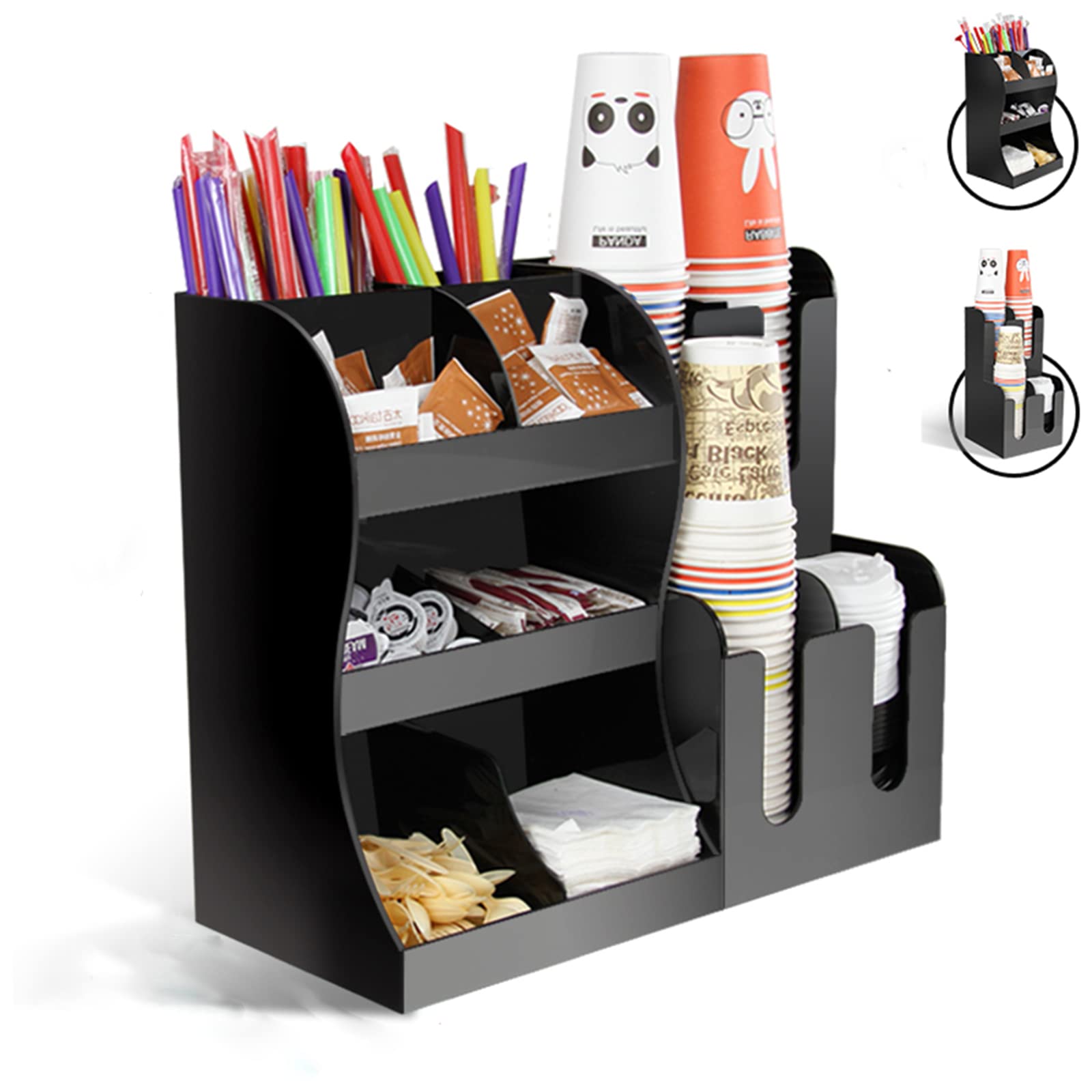 2-Piece Coffee Condiment Organizer Set with 4-Column Cup & Lid Holder - Professional Coffee Station Organizer for Countertops - Includes 8 Bonus Coffee Accessories - Perfect for Home Kitchens & Coffee Shops
