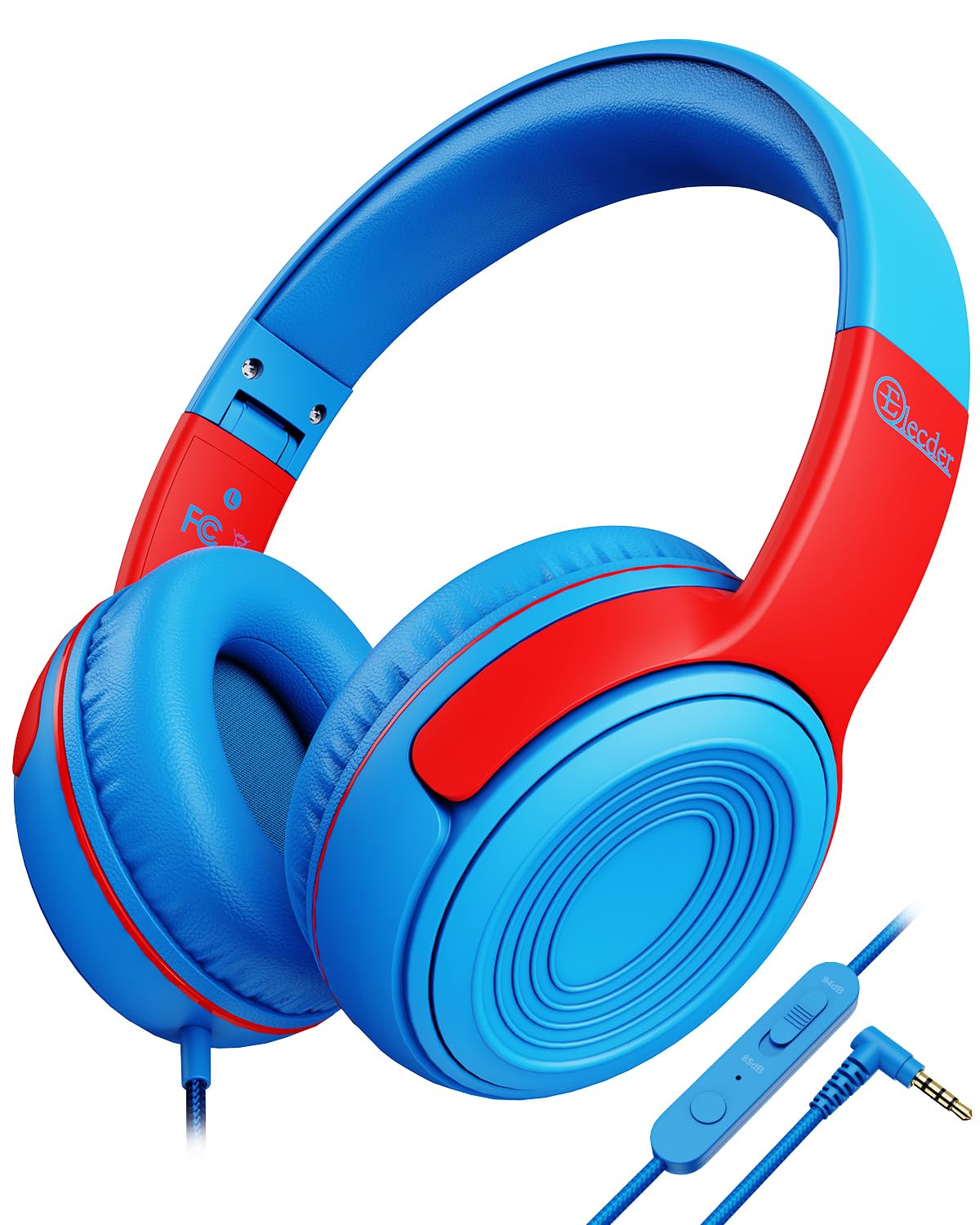 ELECDER S8 Kids Headphones with Microphone - 85dB/94dB Volume Limited, Adjustable Wired Headphones for Boys & Girls - 3.5mm Jack Compatible with School, Kindle, Smartphones, Tablets & Airplane Travel (Blue/Red) - Perfect for Online Classes, Gaming & Long Flights