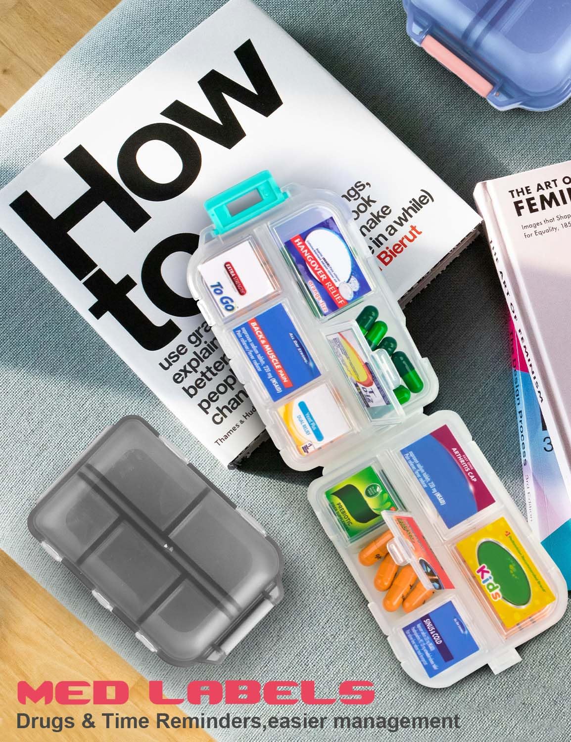 3-Piece DIY Travel Pill Organizer Set with 420 Labels – Portable 7-Day Pill Case for Vitamins, Fish Oil & Medications – Compact Pharmacy Box for Travel, Home & Daily Use
