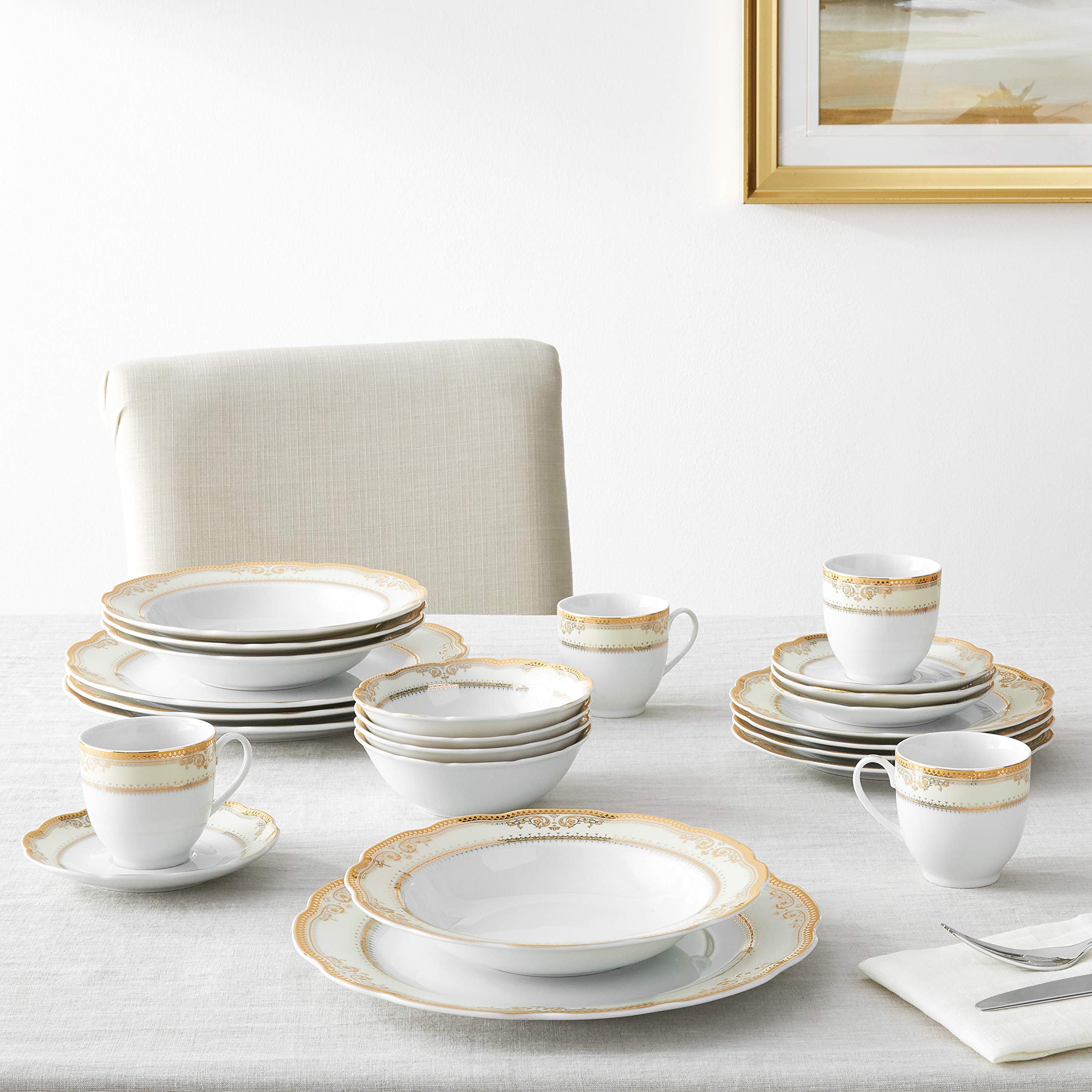 Lorren Home Trends 24-Piece Isabella Porcelain Dinnerware Set with Wavy Edge - Elegant White Dish Set for Formal Dining, Dinner Parties & Holiday Entertaining