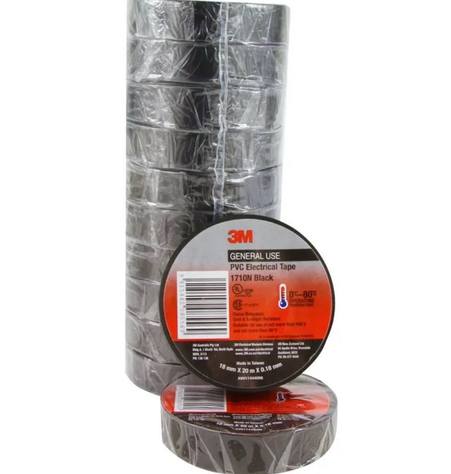 3M PVC Electrical Insulation Tape 1710N, 18mm x 20m, 10-Pack - Waterproof, High Voltage Protection for Wiring, Repairs & DIY Projects