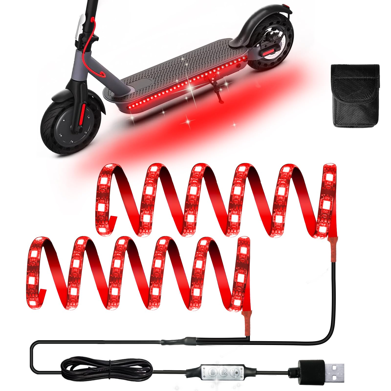 Keiurot LED Strip Lights for Electric Scooters - 5V Red Flashing Lights for Xiaomi M365/Pro/Ninebot/Mercane - Waterproof Night Riding Lights for Skateboards & Scooters - Perfect for Urban Commuting & Nighttime Safety