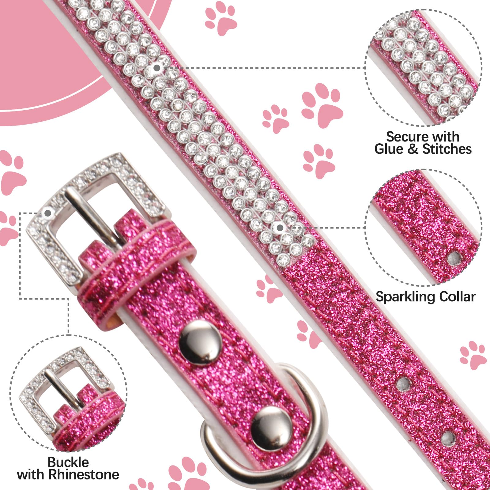Sparkling Rhinestone Adjustable Pet Collar for Small Dogs & Cats - XS Size Rose Red | Durable & Stylish Dog Collar, Cat Collar for Puppies & Kittens | Perfect for Daily Walks, Grooming & Pet Fashion Accessories