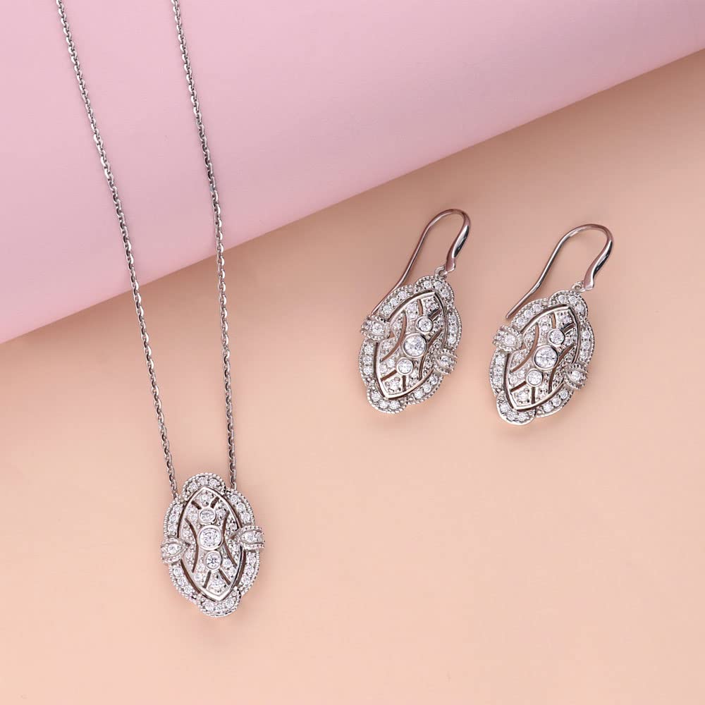 Vintage Art Deco Sterling Silver Cubic Zirconia CZ Necklace & Earrings Set for Women - Rhodium Plated Milgrain Jewelry - Perfect for Weddings, Parties & Evening Events