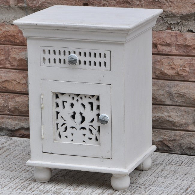 Hand Carved Wooden Bedside Table - Natural White Nightstand with Drawer for Bedroom Decor | Rustic Night Stand for Small Spaces & Modern Home Furniture