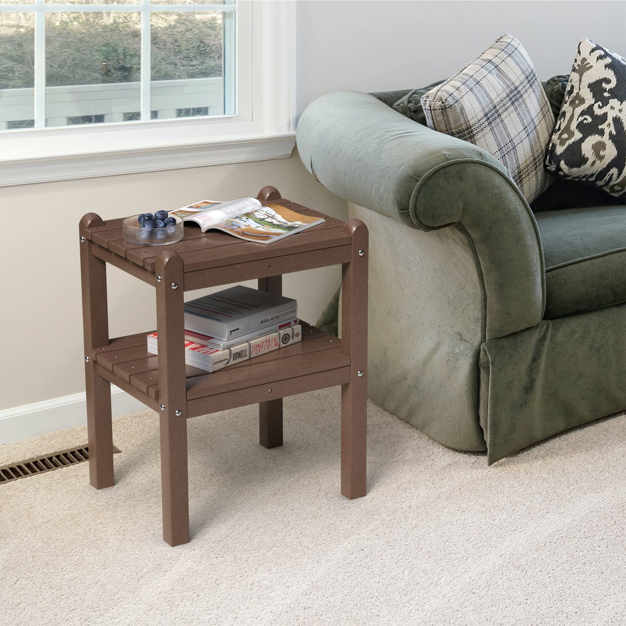 TORVA 2-Tier Outdoor Side Table - Weather-Resistant Adirondack End Table for Patio, Deck, Garden & Poolside - Easy Maintenance Rectangular Accent Table for Indoor/Outdoor Use - Perfect for Backyard, Porch & Outdoor Entertaining (Brown)