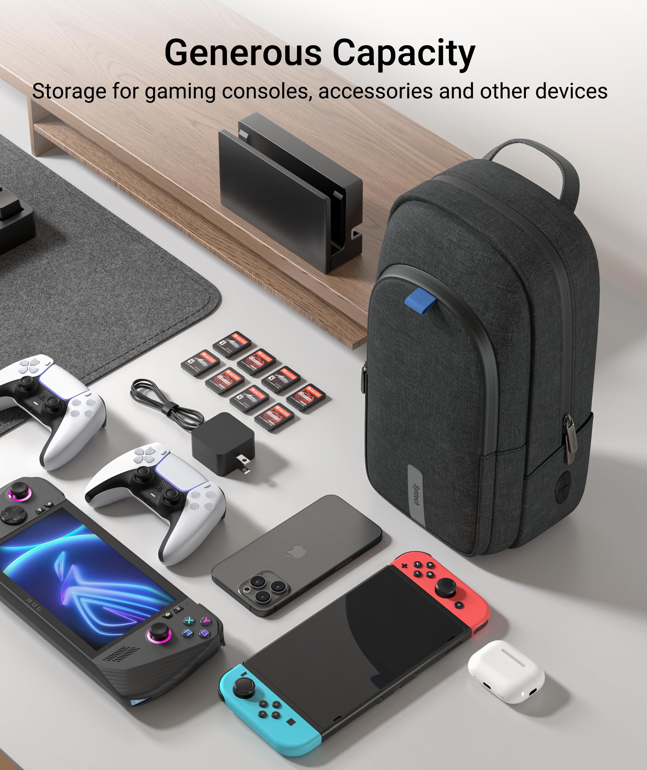 Syntech Portable Travel Sling Bag for Steam Deck OLED, ROG Ally X, Legion Go S, Nintendo Switch 2 & PS Portal - Large Storage Gaming Console Carrying Case with Accessory Pockets - Perfect for Travel, Commuting & Gaming On-The-Go (Black)