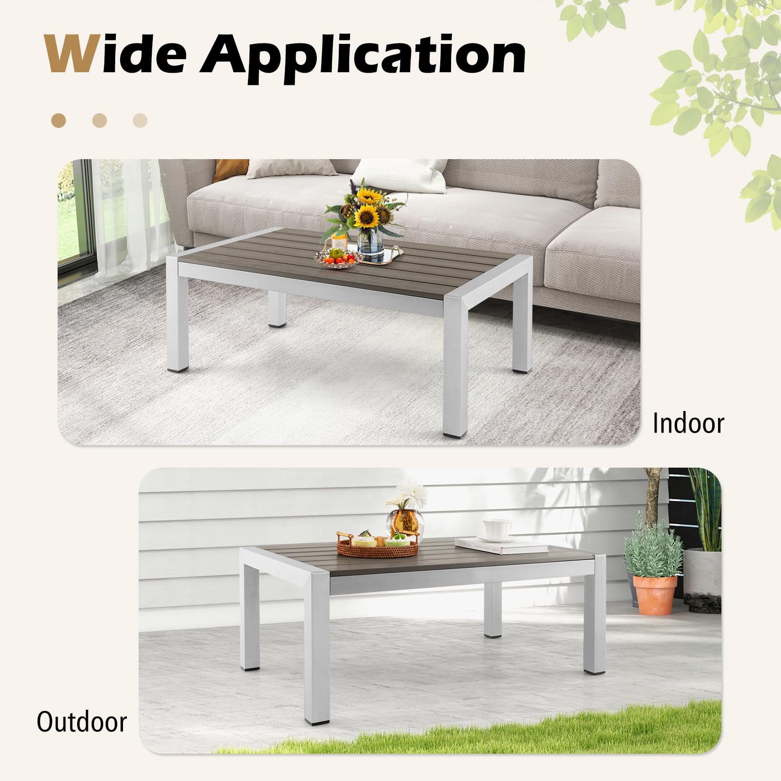 Tangkula Modern Outdoor Coffee Table - Aluminum Frame & Durable Plastic Wood Tabletop, Rustproof Rectangular Cocktail Table for Patio, Garden, Poolside - All-Weather Grey Accent Furniture for Relaxing & Entertaining