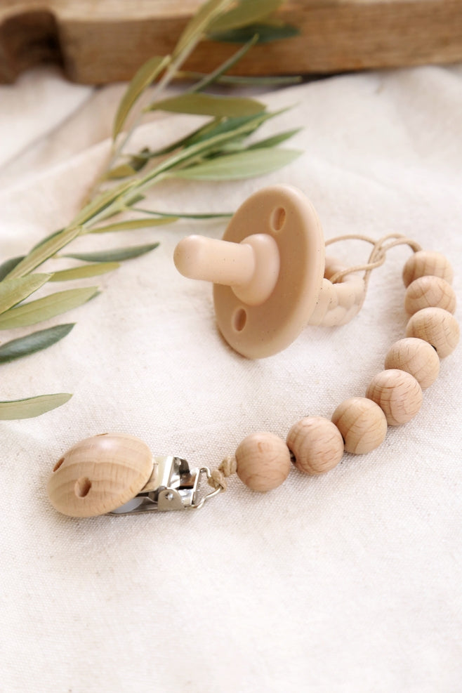 The Frenchie Knot Wood Beaded Pacifier Clip for Babies - Natural Wooden Teething Necklace & Pacifier Holder for Newborns, Infants - Perfect for Soothing Teething Pain, Stylish Baby Accessory for Outings & Photos