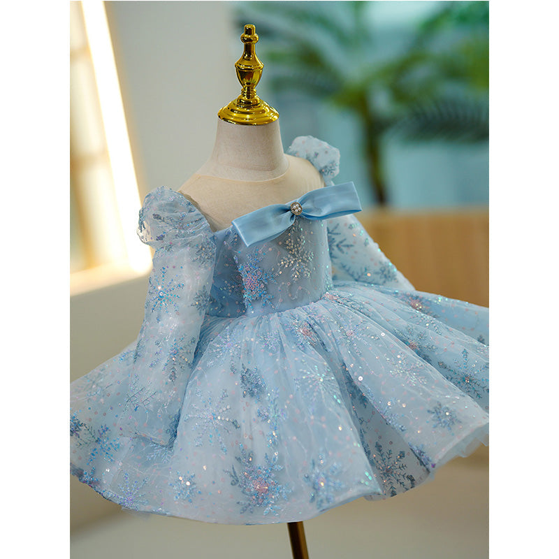 Sparkling Blue Sequin Flower Girl Dress with Long Puff Sleeves - Elegant A-Line Princess Gown for Weddings, Pageants & Special Occasions