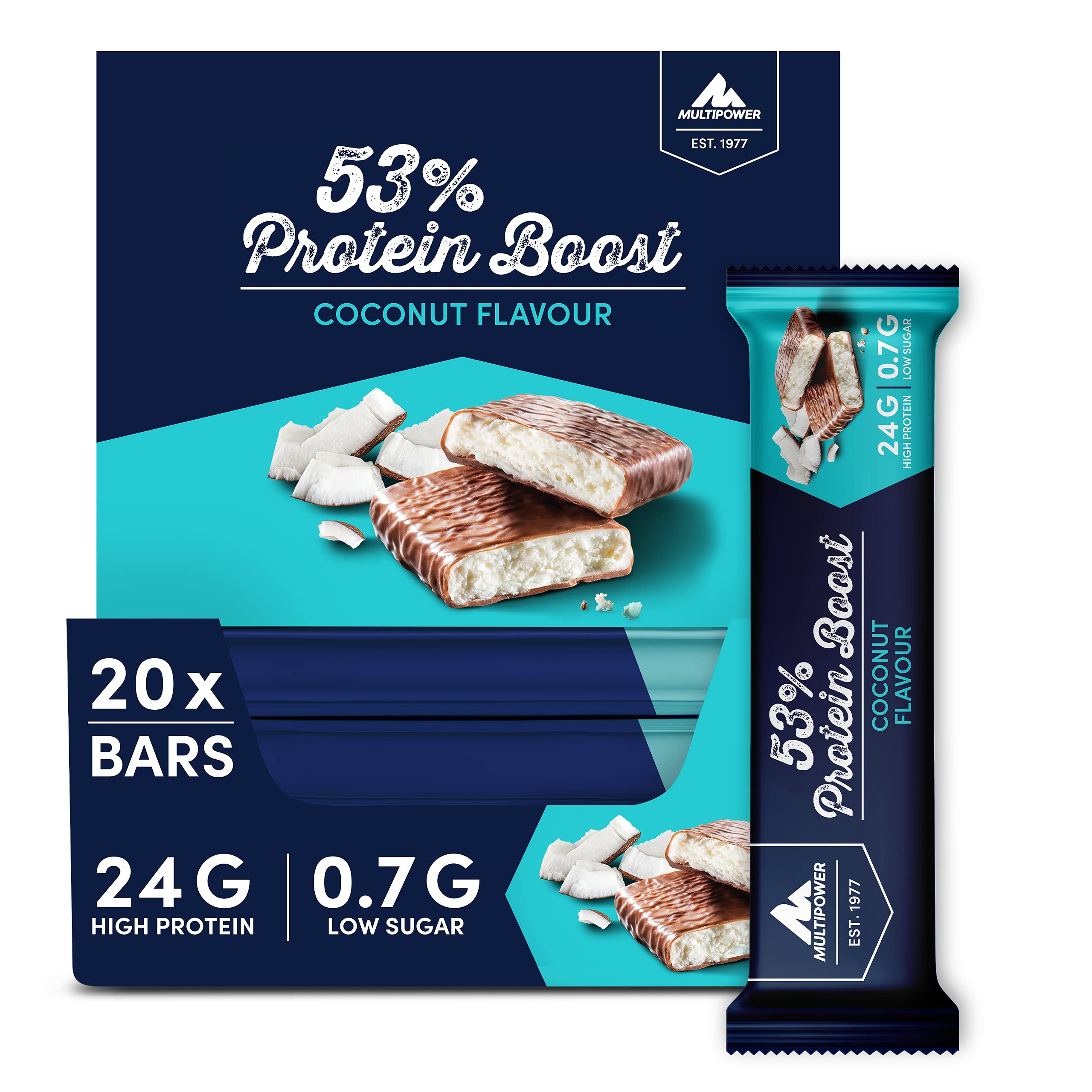 Multipower 53% Protein Boost Bar - 20 Pack Coconut Flavor High Protein Snack - 24g Protein & 1.4g Sugar Per Bar - Perfect for Post-Workout Recovery & Healthy On-the-Go Nutrition