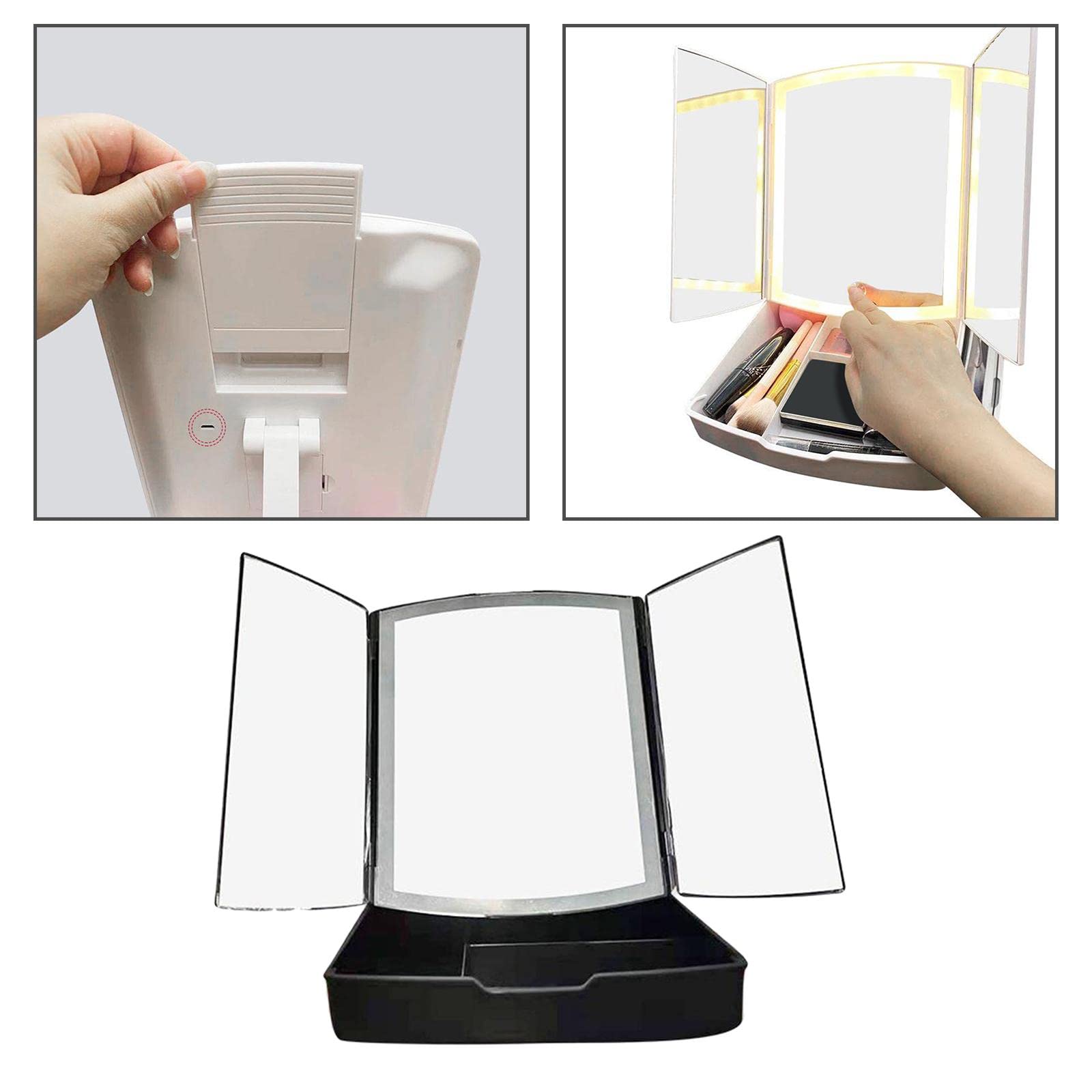 Losa LED Makeup Mirror with Touch Screen Dimming - Black Vanity Mirror with Built-in Makeup Tray for Dressing Table, Bathroom & Bedroom Makeup Application