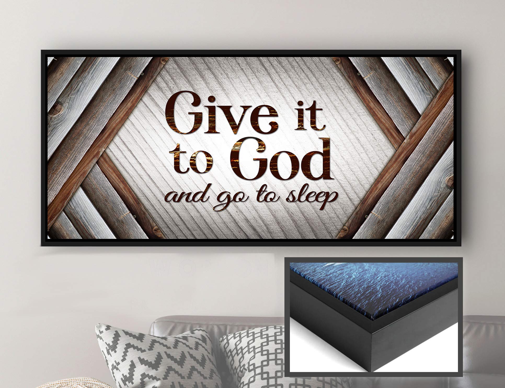 Give it to God And Go To Sleep Christian Wall Art - Large 42x19 Farmhouse Religious Decor with Floating Frame (Brown/Black) - Perfect for Master Bedroom, Living Room & Prayer Space