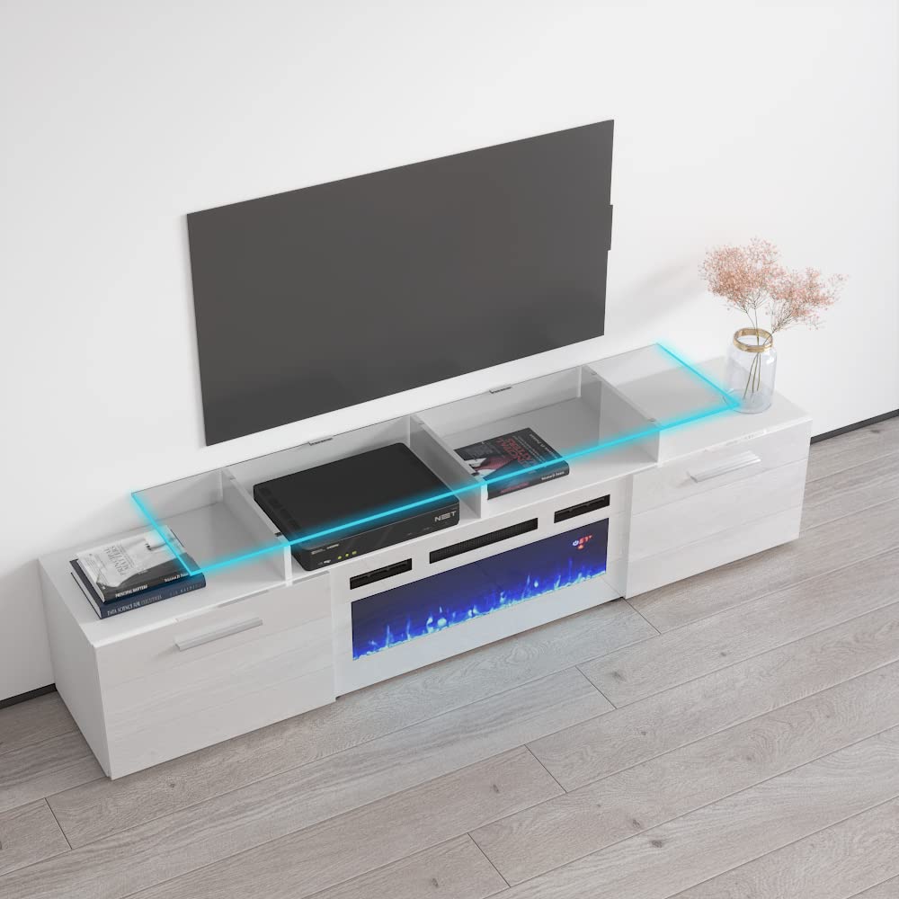 Modern High Gloss Fireplace TV Stand with Storage Cabinets & 16-Color LED Lights - Rova WH-EF Entertainment Center Console Table (White/Black) - Perfect for Living Room, Bedroom & Home Theater Setup