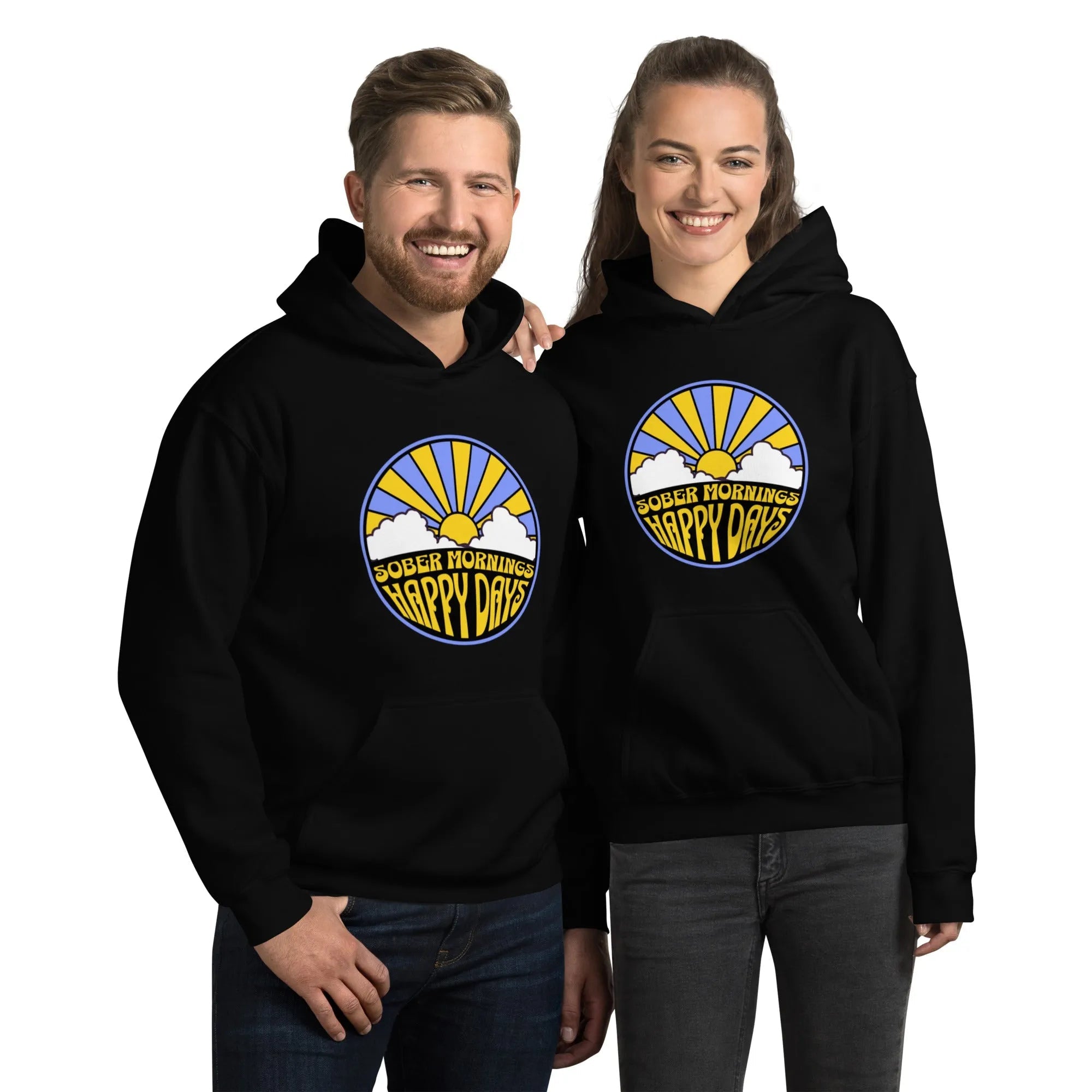 Sober Mornings Happy Days Hoodie - Soft Comfortable Pullover for Hangover Recovery & Wellness Lifestyle - Perfect for Post-Party, Sober Living & Casual Wear