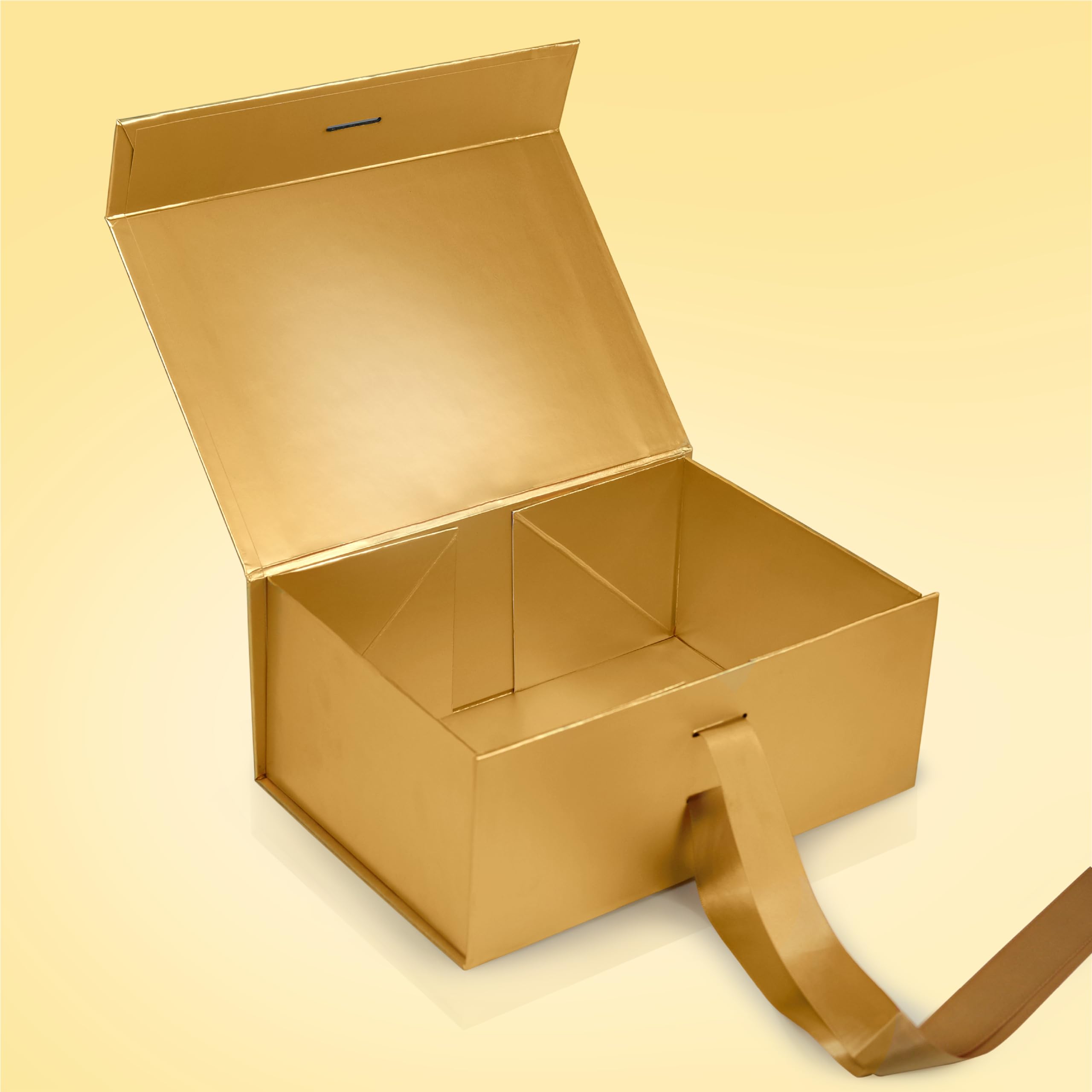 Elegant Gold Gift Box with Ribbon - 23x16x10cm Empty Gift Packaging Box (1 Pack) - Holds up to 5kg for Presents, Wedding Favors, Birthday Gifts & Holiday Decorations - Reusable Decorative Hamper Box for Luxury Gift Wrapping