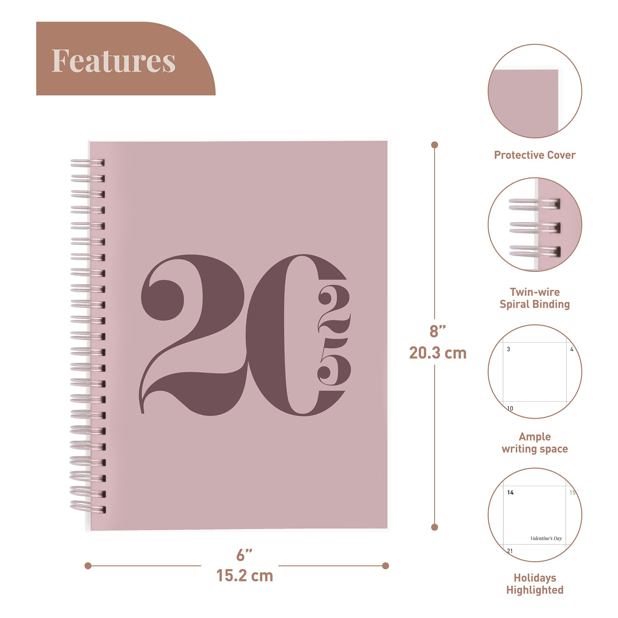 Rileys 2025 Weekly Planner - 8 x 6 Inch Pink Typographic Annual & Monthly Agenda Organizer with Flexible Cover, Notes Pages & Twin-Wire Binding | Perfect for Students, Professionals & Goal Tracking