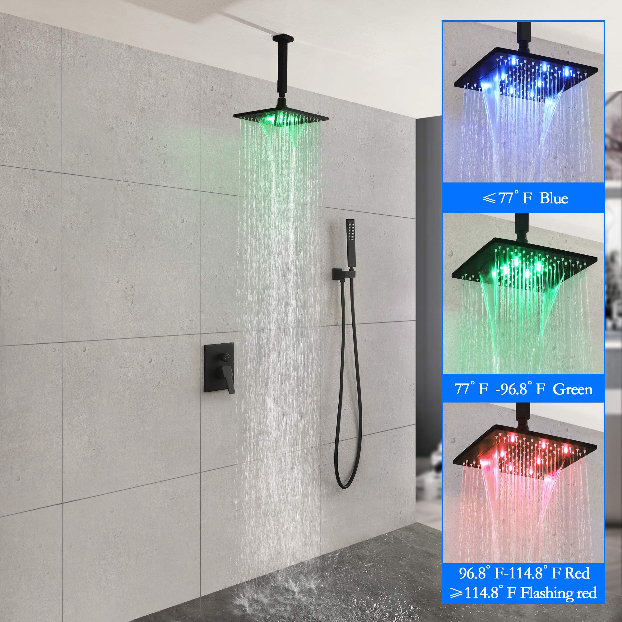 SKOWLL Matte Black Ceiling Mounted Shower System - 2 Function Shower Control Valve, High Pressure Rainfall Shower Head & Handheld Spray Combo for Luxurious Spa-Like Bathroom Experience