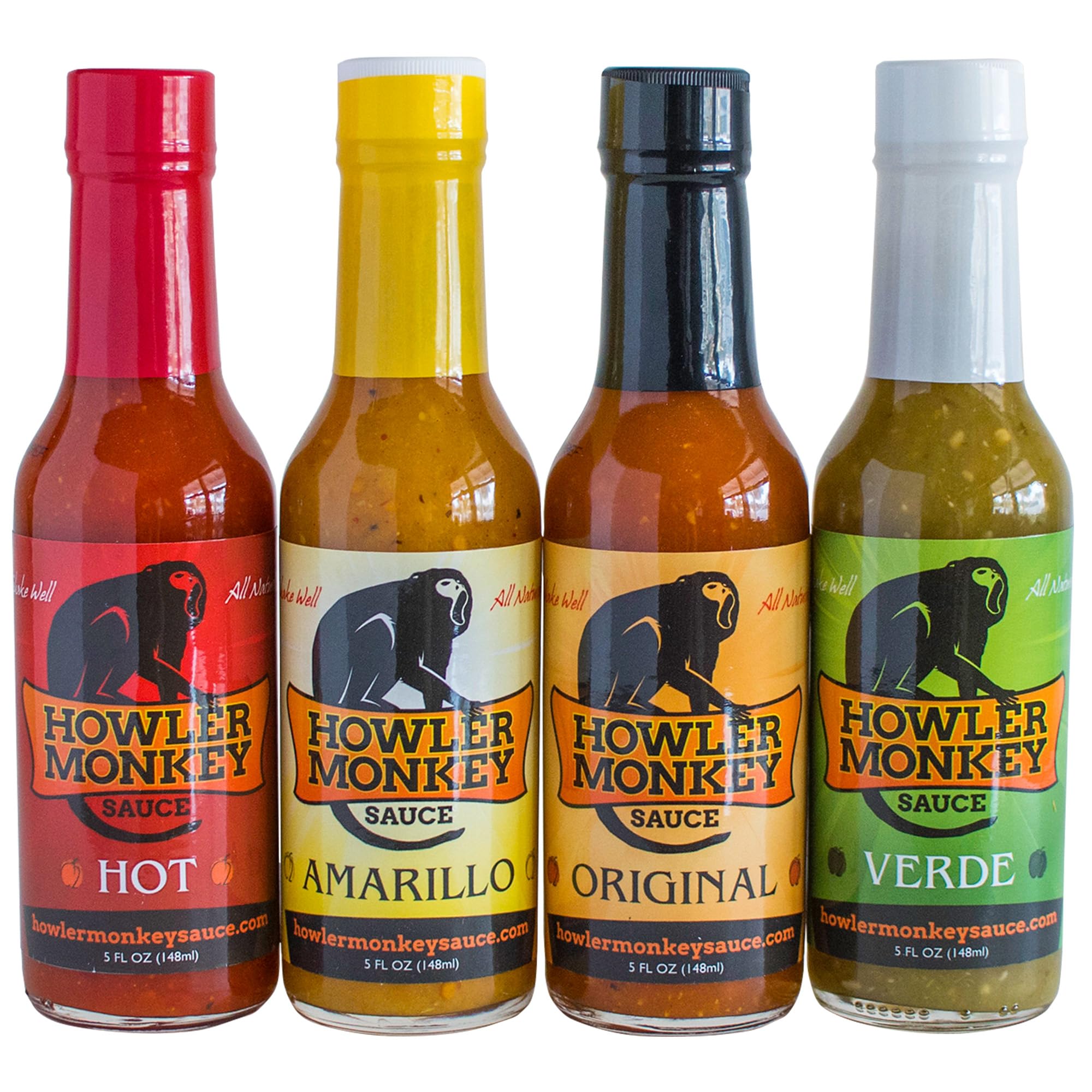 Howler Monkey Hot Sauce Variety Pack - Original, Amarillo, Verde & Spicy Flavors - Authentic Panamanian Aji Chombo Sauce - Gluten-Free, Vegan - 5 oz Bottles (4-Pack) - Perfect for Tacos, Wings, BBQ & Cooking
