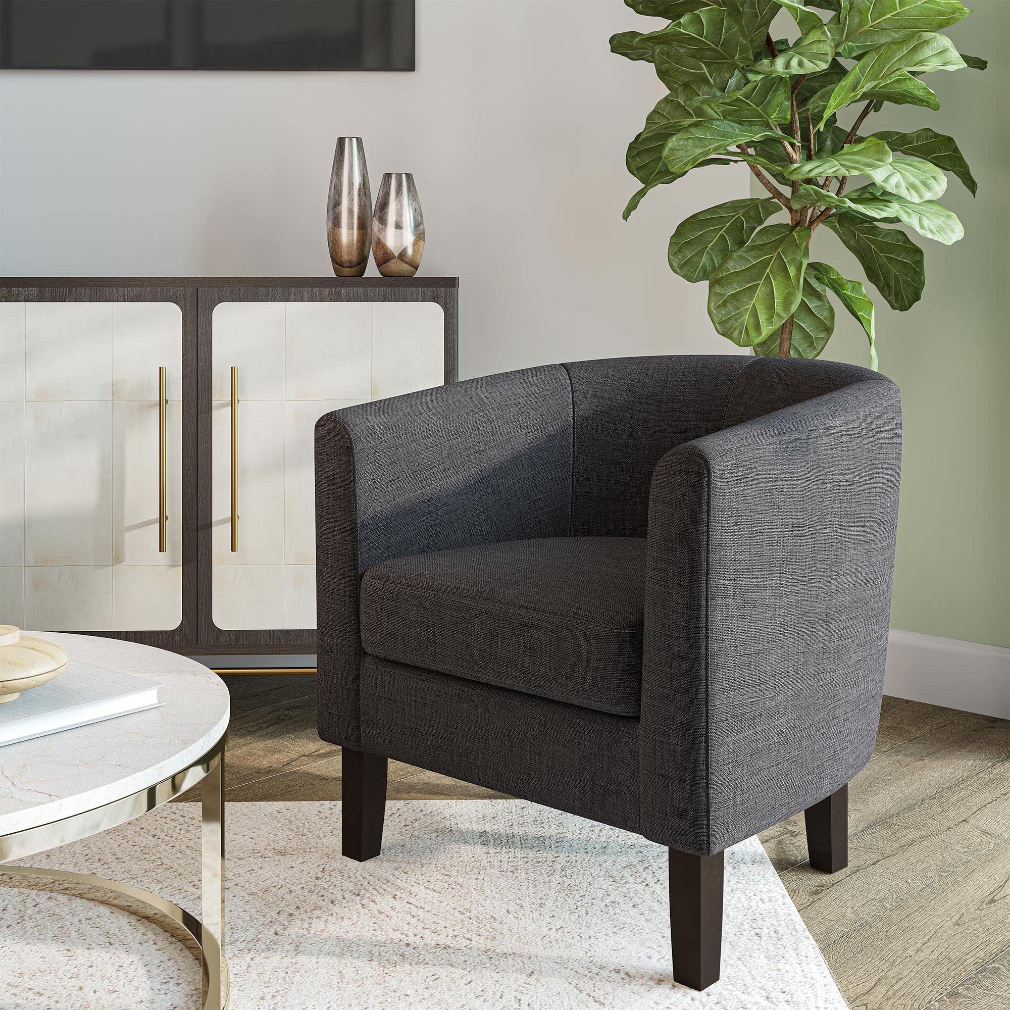 BELLEZE Modern Accent Chair - Round Barrel Club Tub Sofa Chair with Flared Legs & Soft Padding, Linen Upholstered Living Room Chair for Bedroom Corner - Highland Gray | Perfect for Small Spaces, Reading Nooks & Cozy Home Decor