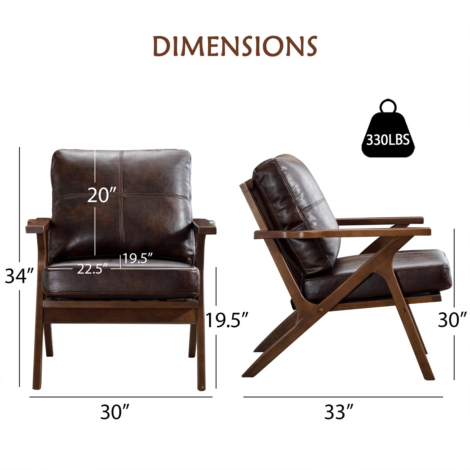 Bonzy Home PU Leather Small Accent Chair - Mid Century Modern Comfy Armchair with Solid Wood Frame & Removable Cushions - Retro Leisure Reading Chair for Living Room, Bedroom, Office & Dorm - Perfect for Relaxing, Reading & Decorating