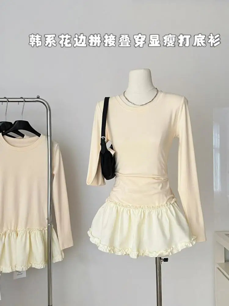 2024 Autumn Winter Women's Fashion Black & Beige Round Neck Long Sleeve Pleated Mini Dress with Ruffles - Elegant Sexy Short Dress for Party, Dating & Office Wear