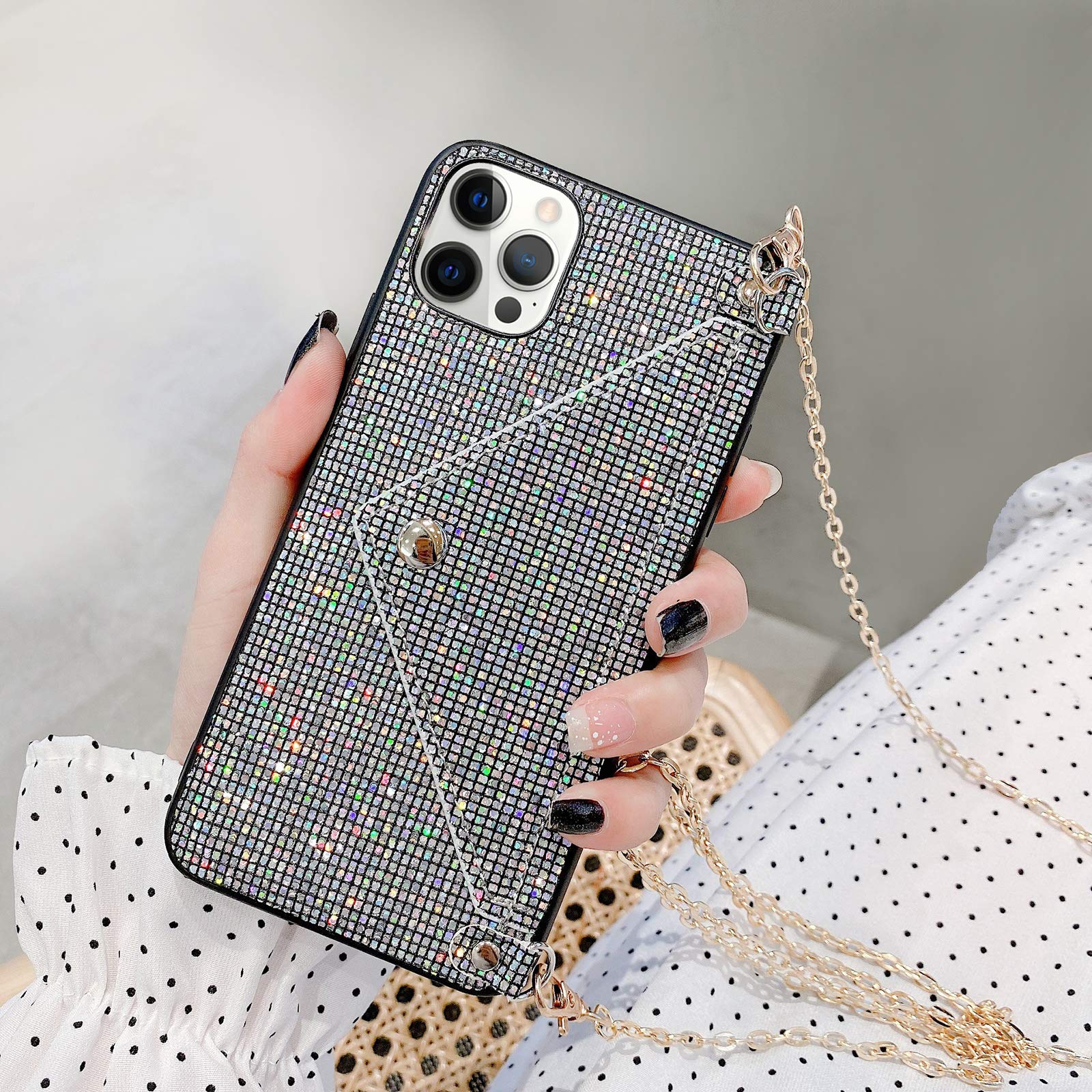 Omorro Sparkling Glitter Diamond & Sequins Hard PC Protective Phone Case with Crossbody Chain for iPhone 13 Pro Max - Stylish Black Cover for Women, Parties, Night Out & Special Occasions