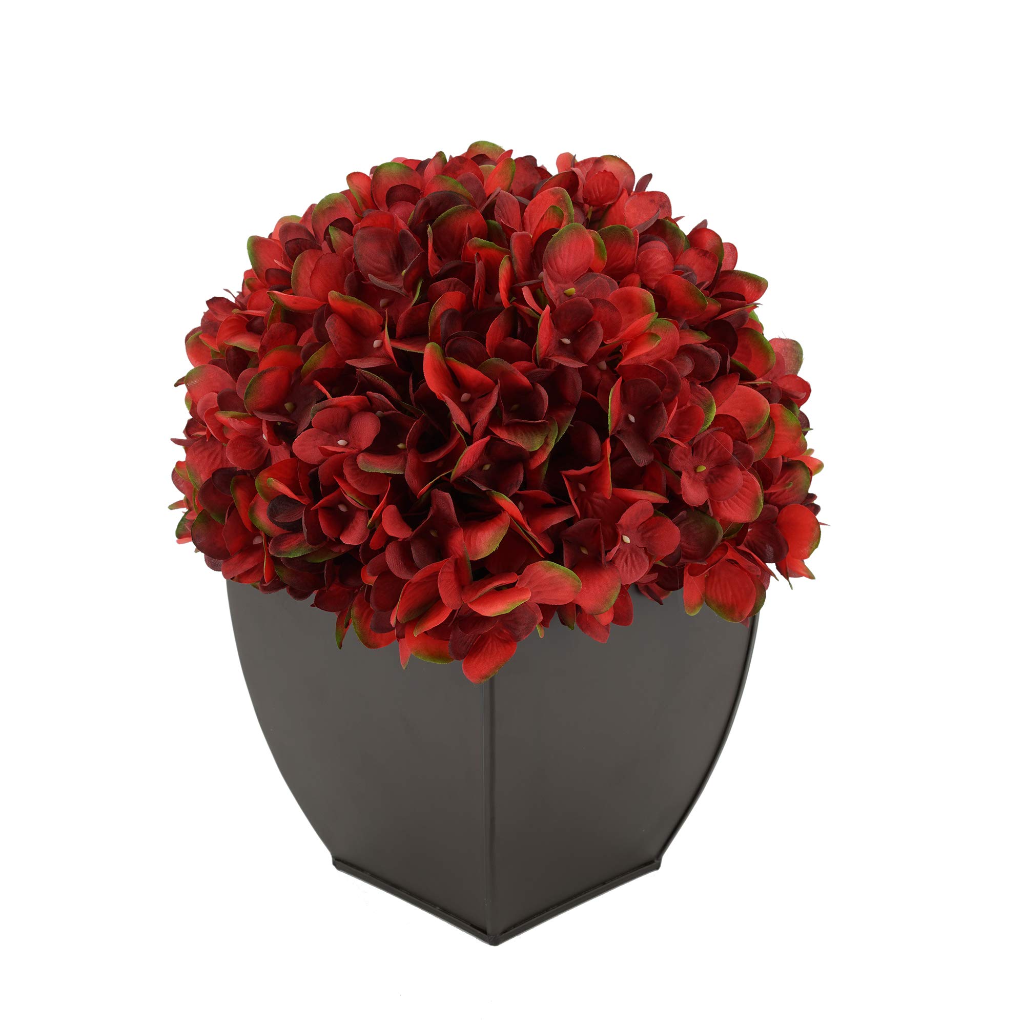 Premium Artificial Hydrangea Silk Flowers in Matte Brown - Burgundy Tapered Zinc Cube Vase - Perfect for Home Decor, Wedding Centerpieces & Office Arrangements