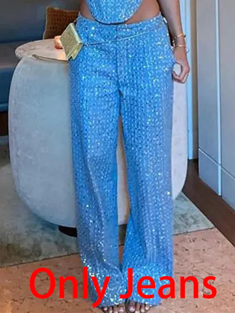 BKQU Women's Fashion Sequins 2-Piece Outfit - Sexy Strapless Tank Top & Loose Long Pants Set for Party, Club, Night Out | Elegant Luxury Evening Wear for Women | Perfect for Cocktail Parties, Date Nights & Special Occasions