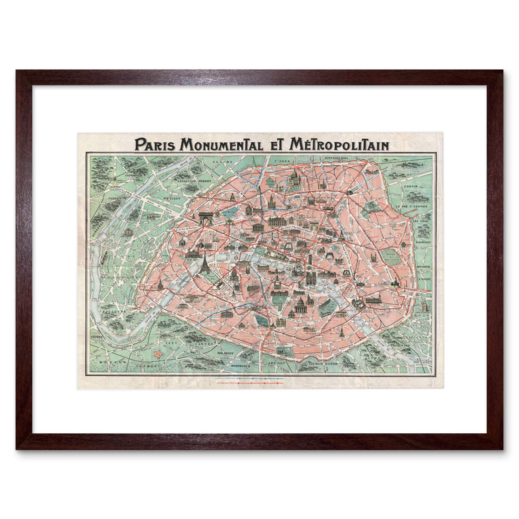 Antique Robelin Paris Art Frame Print - MAP Illustrated Vintage Picture 12x36 Inch - Perfect for Home Decor, Office Wall Art & Gift Giving