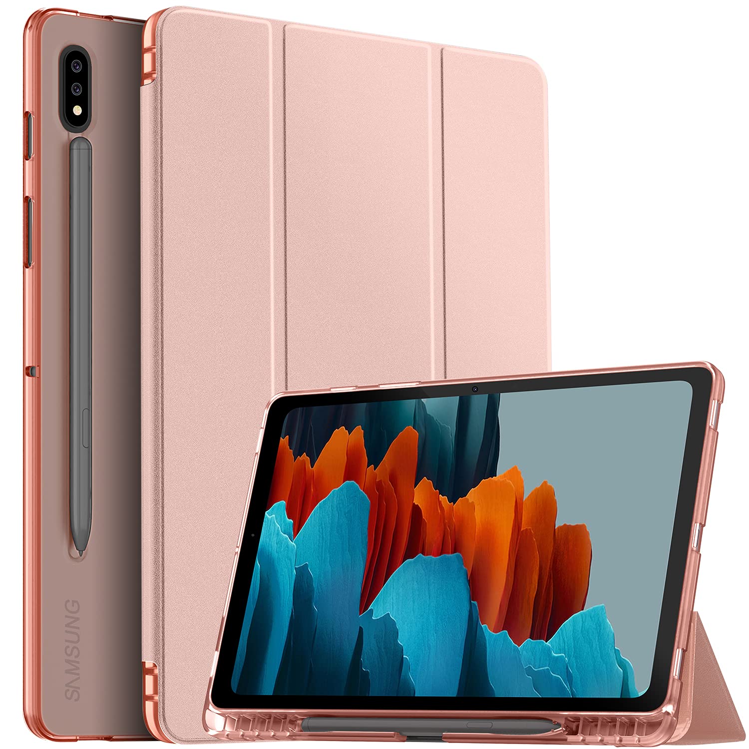 Samsung Tab S7 11 Inch Case with Pencil Holder (2020 Model SM-T870/T875/T878) - Slim Lightweight Translucent TPU Back Cover, Rose Gold - Perfect for Work, School & Travel Protection