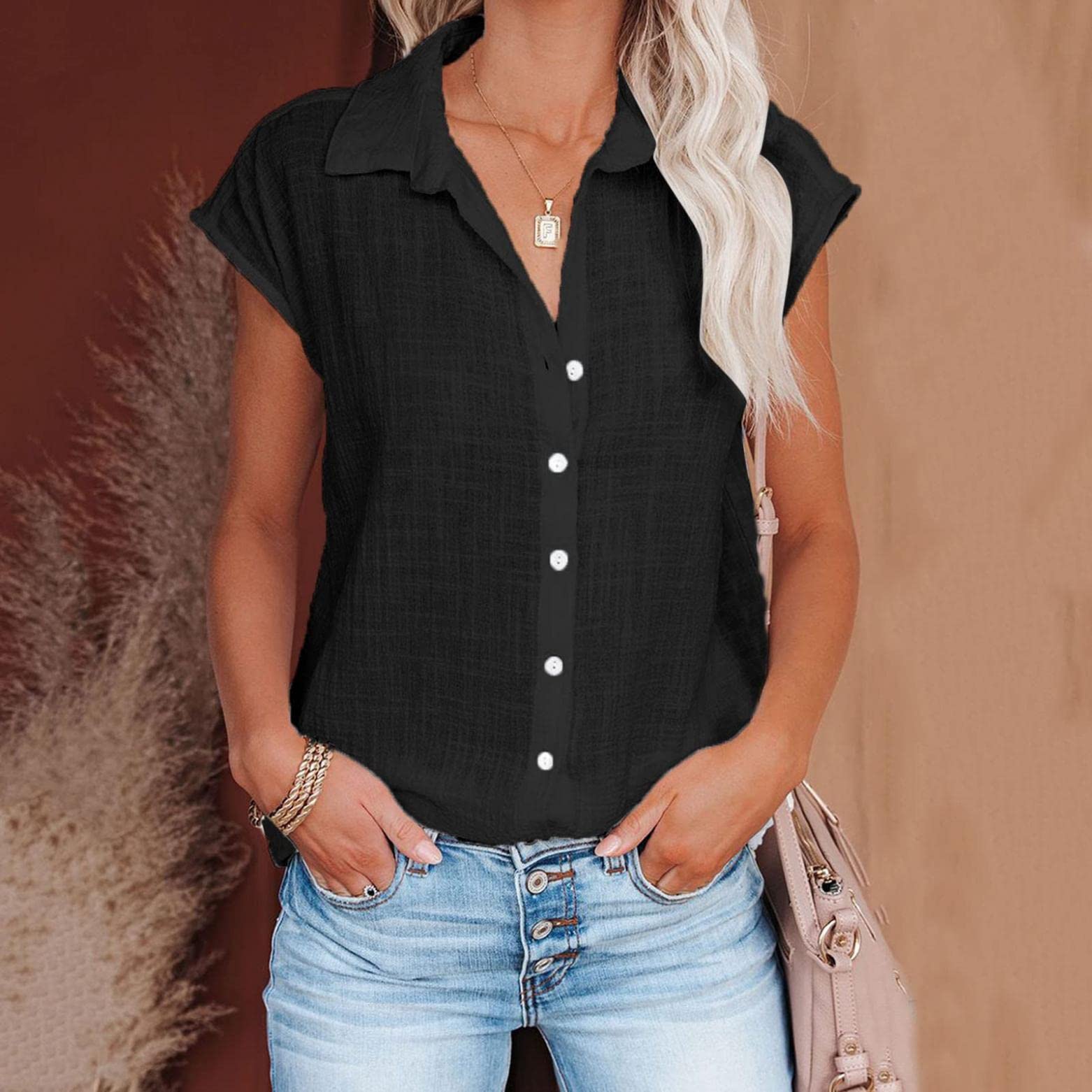 Women's Short Sleeve Button Down Shirt - Casual Cotton Linen Blouse for Summer, Loose Fit Solid Color Tee Top | Perfect for Office, Travel & Everyday Wear