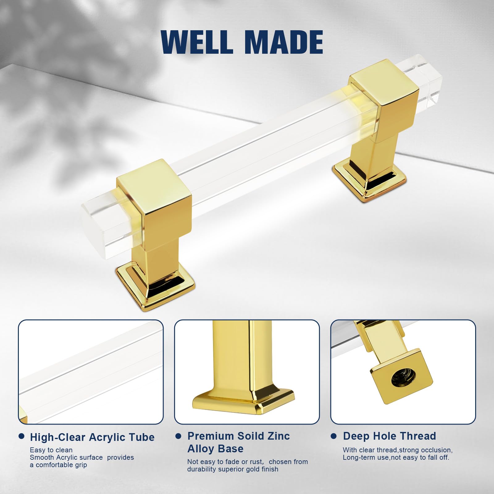 Orger 30 Pack 3 Inch Clear Acrylic Square Tube Cabinet Handles with Gold Finish - Modern Drawer Pulls for Kitchen Cabinets, Bedroom Dressers, Wardrobes & Cupboards - Easy Installation & Stylish Upgrade for Home Decor