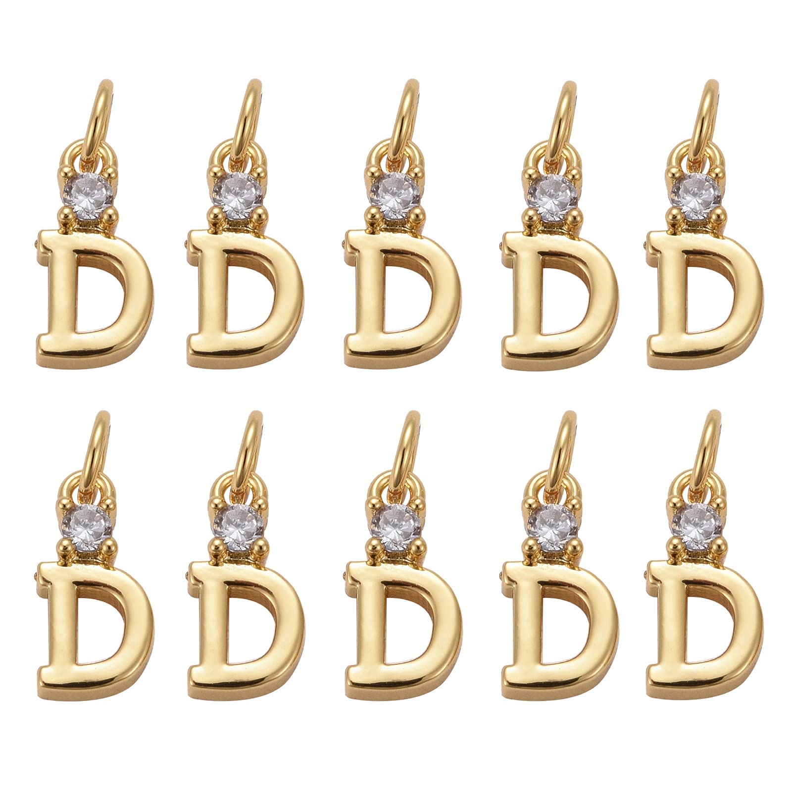 BEEFLYING 10pcs Gold Plated Brass Letter Charms with Crystal Micro Pave Cubic Zirconia - A-Z Alphabet Pendants for Jewelry Making, DIY Bracelets & Necklaces - Perfect for Birthstone Gifts, Personalized Name Jewelry & Fashion Accessories