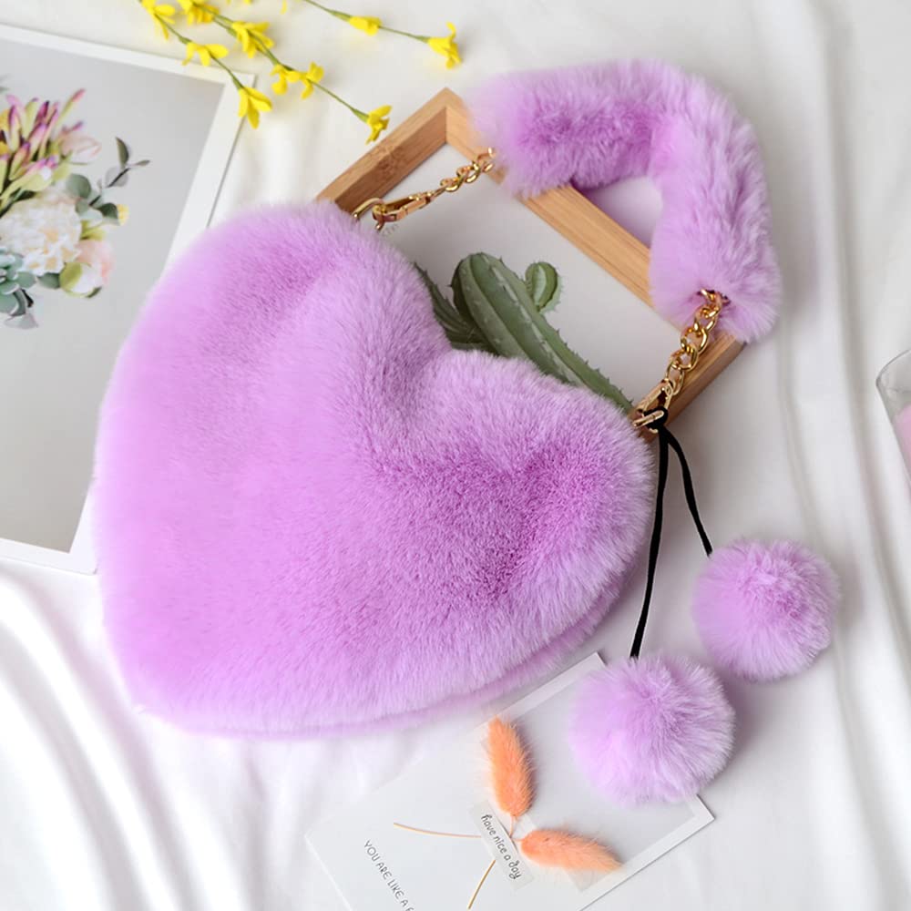 Rejolly Furry Heart Shaped Purse for Women & Girls - Soft Fluffy Faux Fur Small Shoulder Bag Clutch - Perfect for Parties, Dates, and Everyday Use