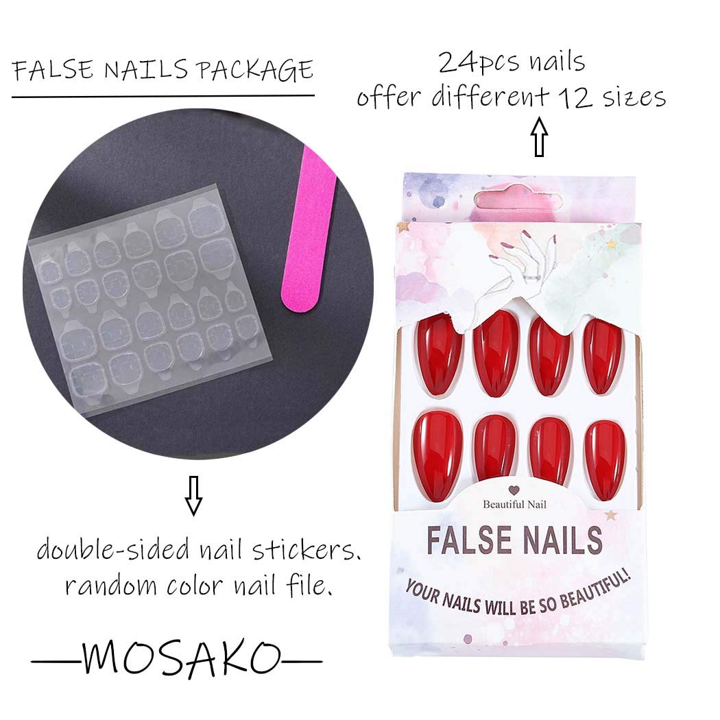 Mosako Stiletto Press-On Nails - Medium Length Glossy Red Fake Nails, 24Pcs Full Cover Stick-On Nail Tips for Women & Girls | Perfect for Parties, Weddings & Special Occasions