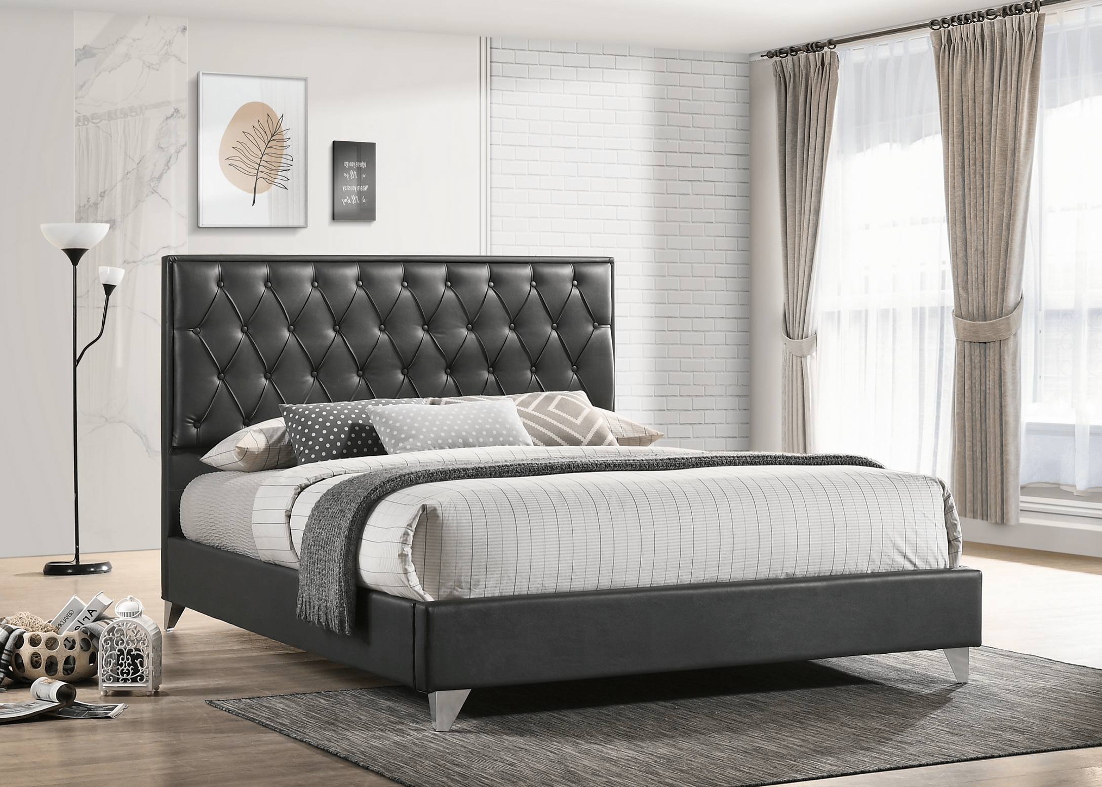 Windsor Diamond Pattern Button Tufted Platform Bed with Chrome Legs - Queen & King Size, Gray & Beige | Modern Bedroom Furniture for Master Suite or Guest Room