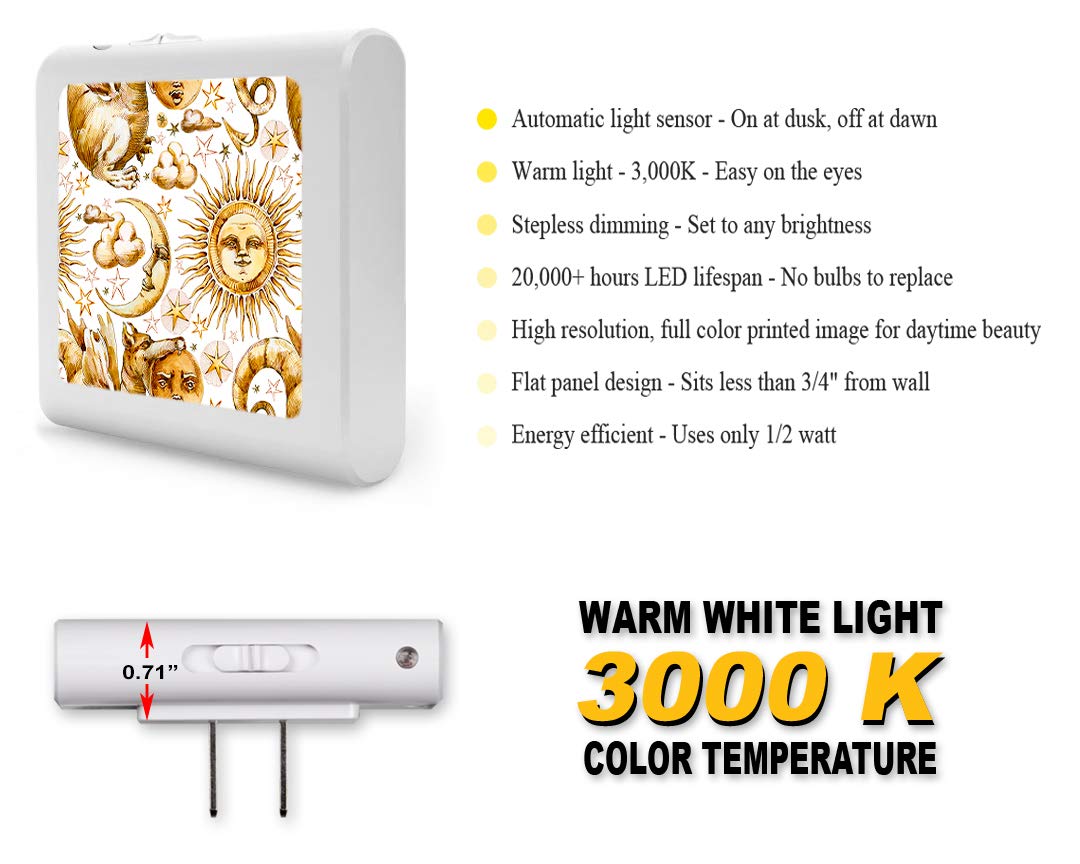 Dimmable LED Night Light with Auto On/Off Sensor - Adjustable Brightness, Warm White Light for Bathroom, Hallway, Nursery & Bedroom - Golden Moon Sun Dragon Design - Perfect for Nighttime Safety & Comfort